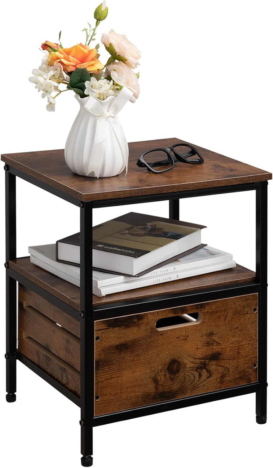 ALIMORDEN Industrial Nightstand, 2-Tier End Table, Side Table with Drawer and Storage Shelf Wooden Accent Table Telephone Sofa Furniture Bedroom Entryway Office Rustic Brown