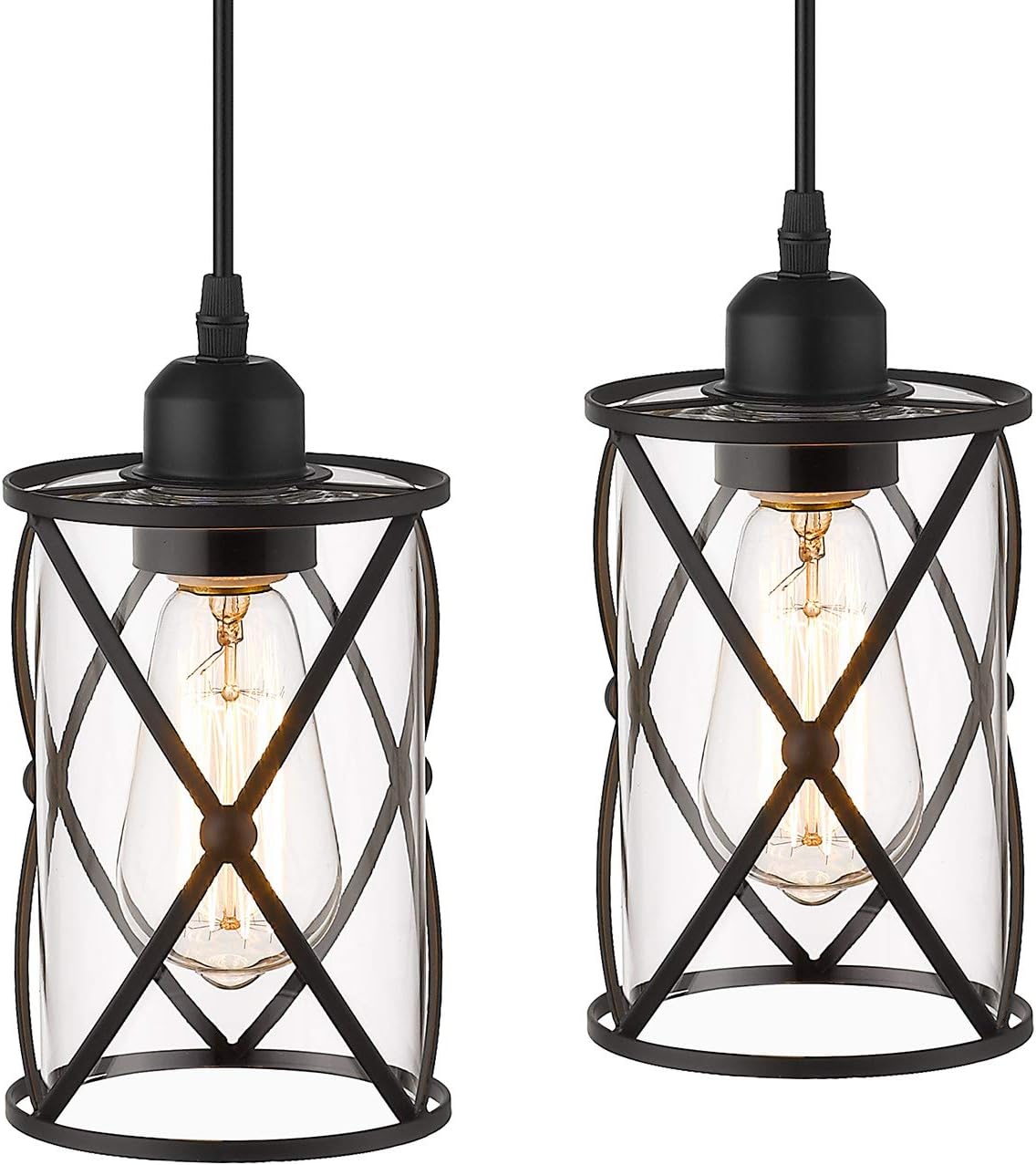 Osimir Industrial Pendant Light, 2 Pack Mini Glass Pendant Light for Kitchen, Cage Pendant Lighting in Black Finish with Clear Glass, Adjustable Length, CH9176-1-2PK