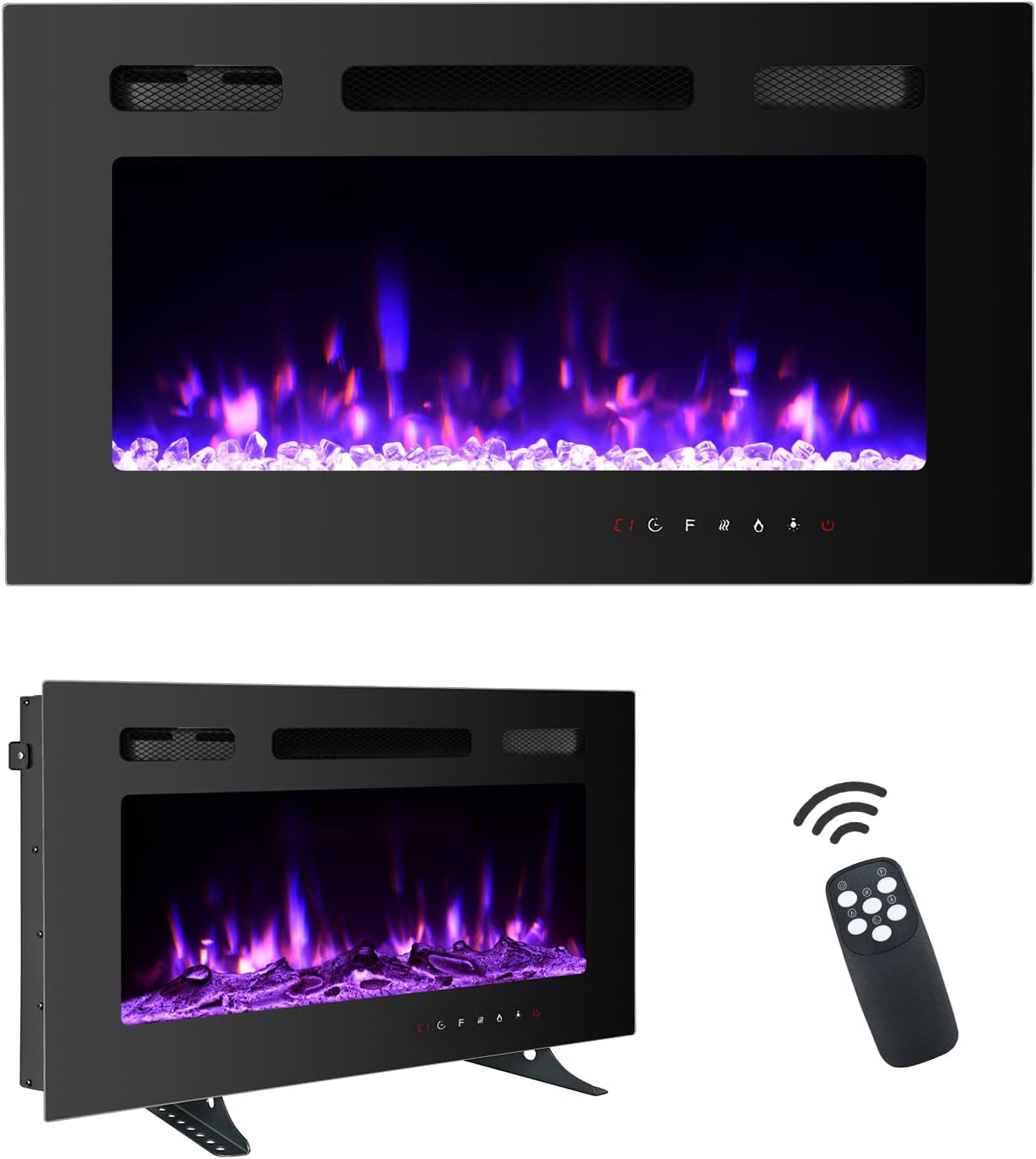 LIFETEN 30 inch Electric Fireplace with Free Standing, Wall Mounted Fireplace Insert Heater with Remote Control&Touch Screen, Logs&Crystals, Recessed Electric Fireplace, 12 Color LED Flamer, 750/1500W