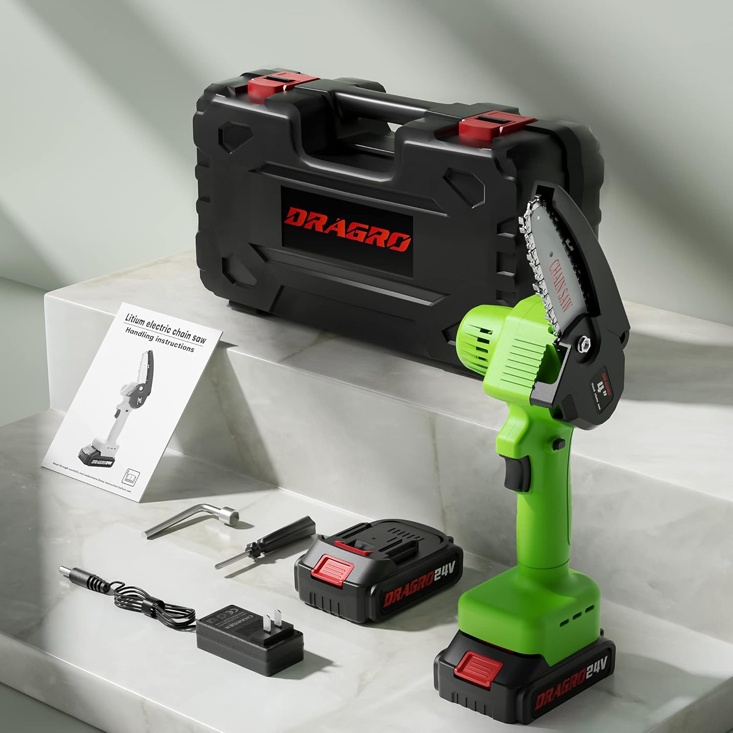 Mini Chainsaw 4 Inch 24V Battery Powered Cordless Chainsaw , Portable Handheld Rechargeable Electric Chainsaw 2pcs Battery, for Tree Branch Trimming Wood Cutting Gardening Pruning Pack of 2