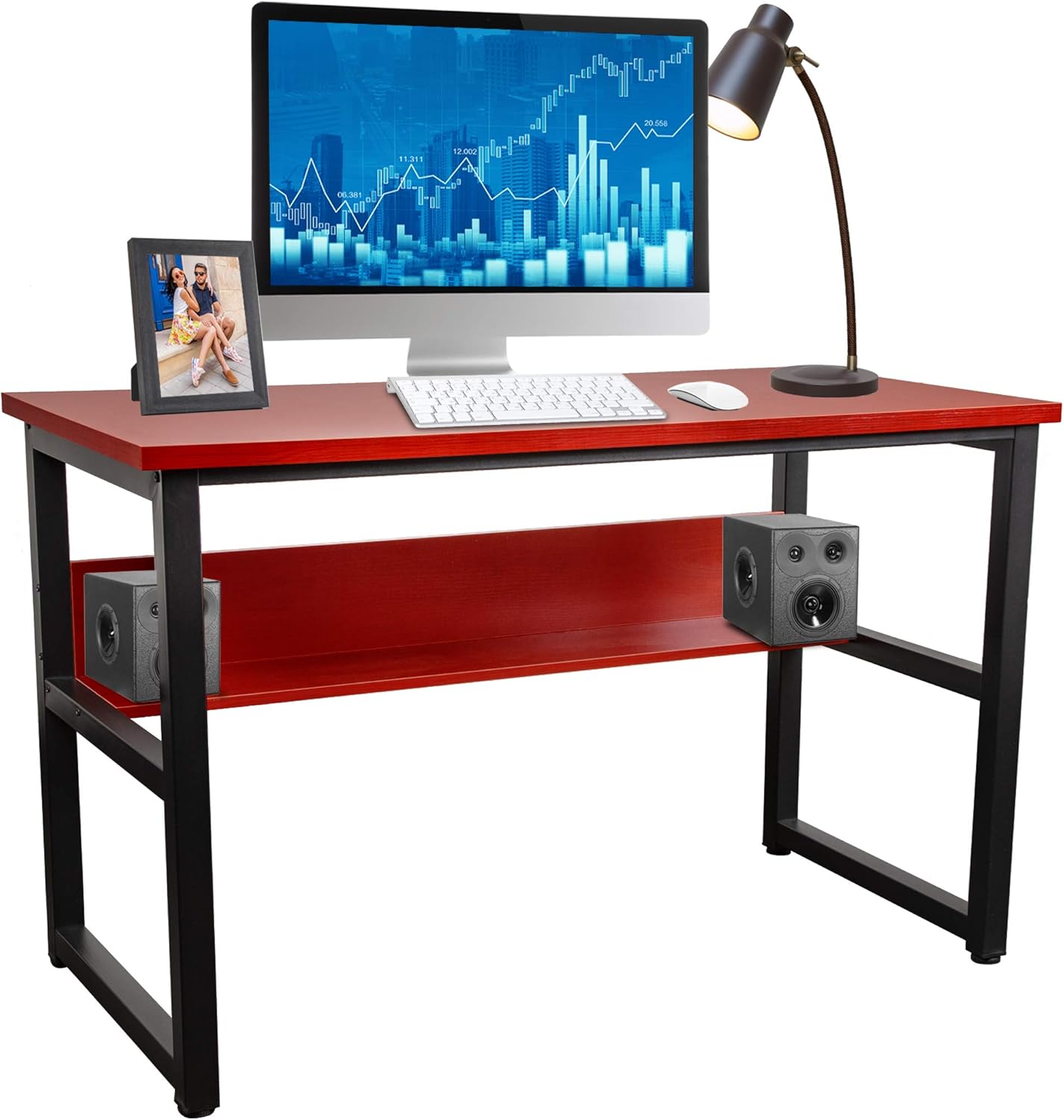 Halter Computer Desk with Storage Shelf, Modern PC or Laptop Work Writing Gaming Desk, Home Office Desk Table for Small Spaces, Natural Wood Desk, Black Metal Frame, 55 Inches