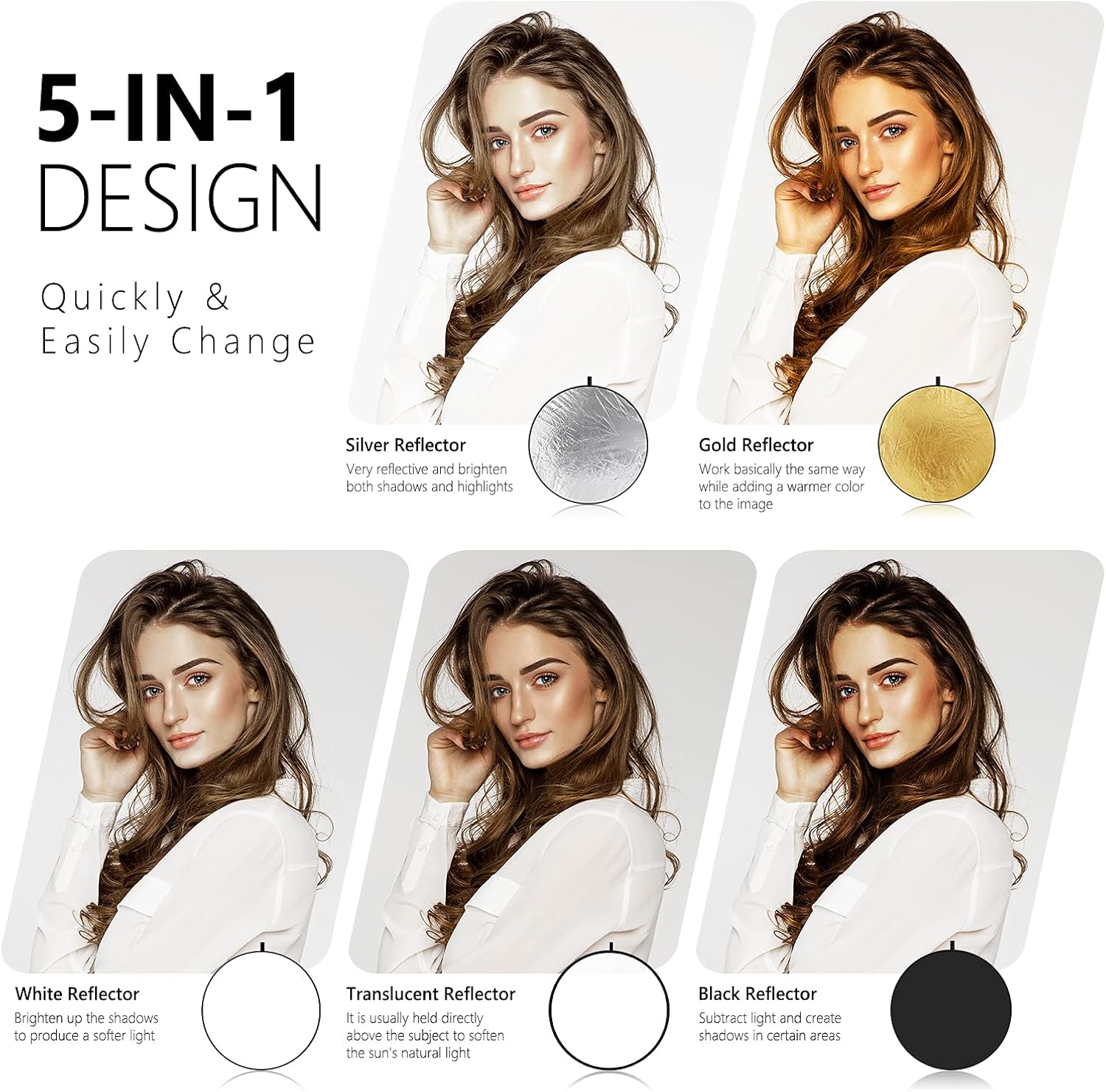 Neewer 43 Inch/110 Centimeter Light Reflector 5-in-1 Collapsible Multi-Disc with Bag - Translucent, Silver, Gold, White and Black for Studio Photography Lighting and Outdoor Lighting