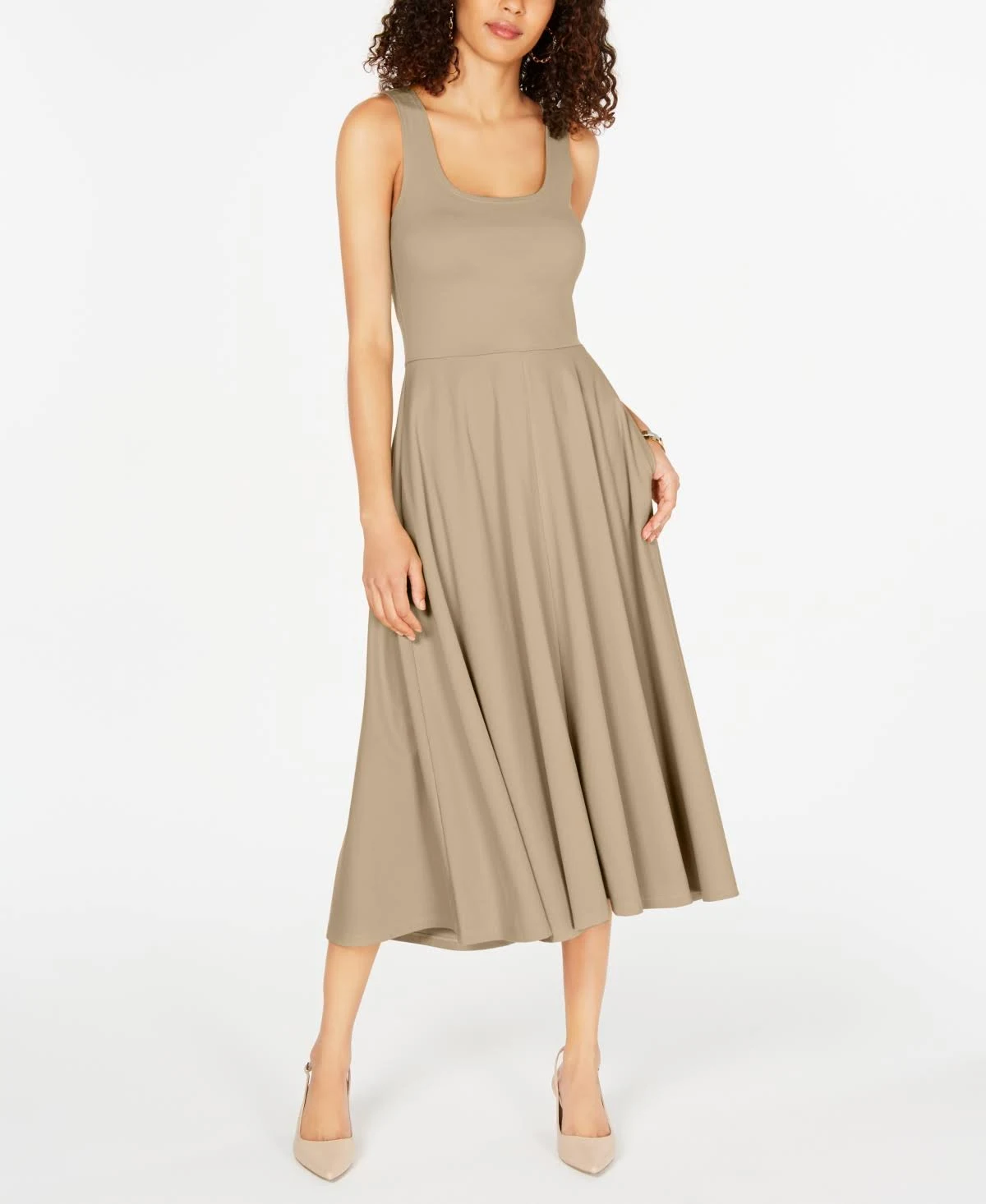Alfani Tank Fit u0026 Flare Midi Dress, Created for Macy&s - Cream Beige