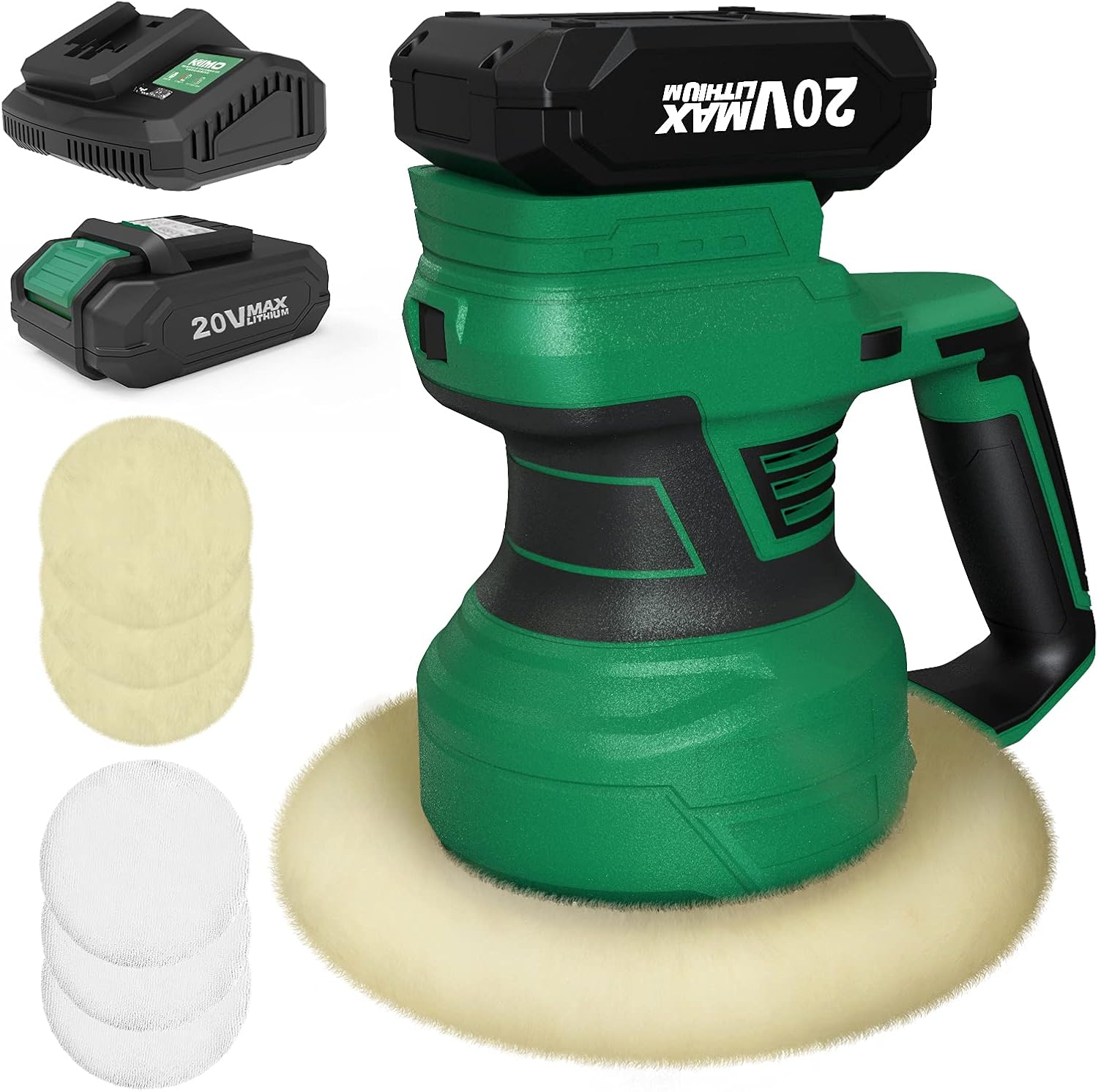 KIMO Cordless Polisher, 20V 7Inch Random Orbital Polisher w/ 6 Variable Speed, 6 Pads, Dual Action Car Buffer Polisher for Car Detailing/ Scratches Removing/ Car Waxing/ Home Appliance