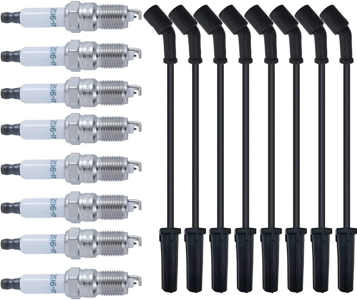 LUFT MEISTER 41-962 Spark Plugs 8 pcs +9748HH Spark Plug Wires 8 pcs Compatible with Cadillac Escalade Chevrolet Express Sliverado Suburban Avalanche GMC Yukon SIERRA XL LS2 LS3 LS4 LS7
