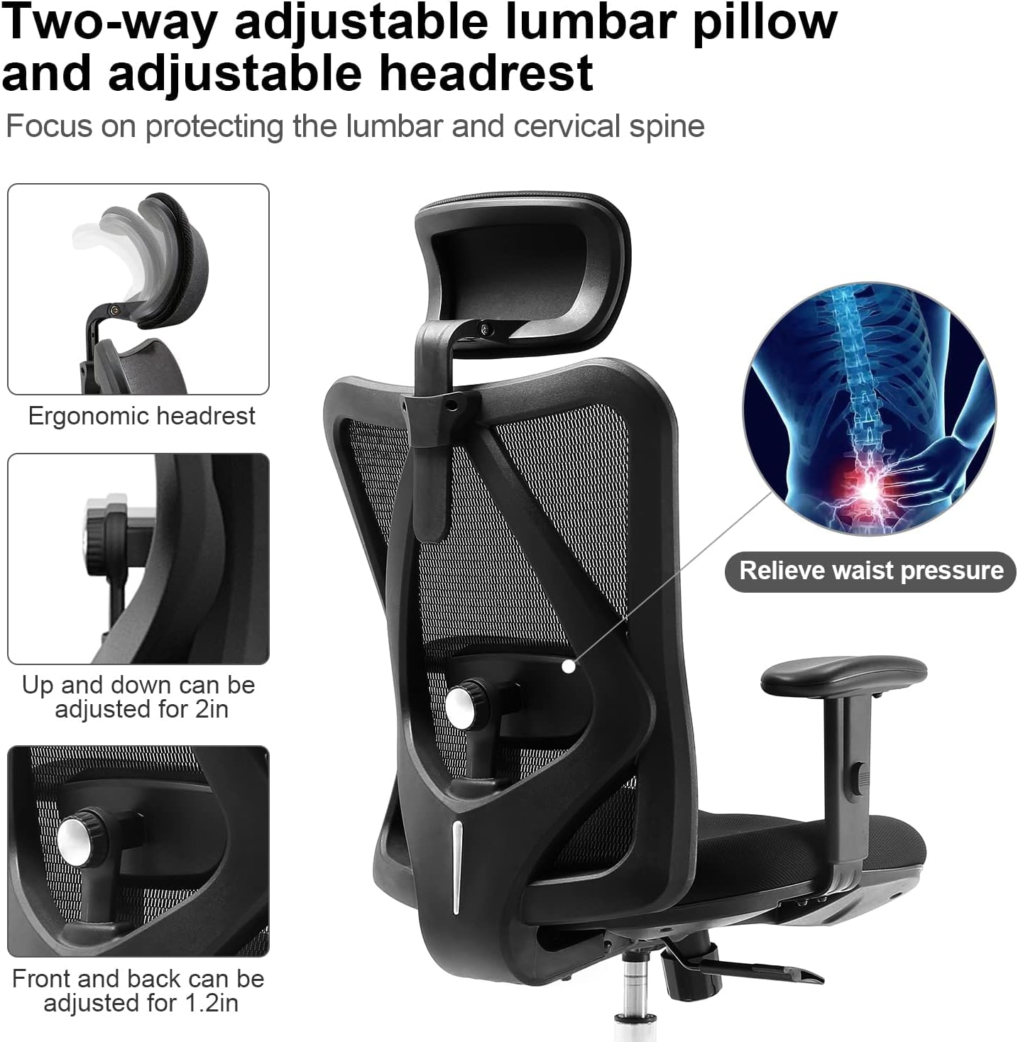 SIHOO Ergonomic Office Chair, Computer Desk Chair with Adjustable Sponge lumbar Support, Comfortable Thick Cushion High Back Desk Chair with Adjustable Headrest and PU armrests(Black)