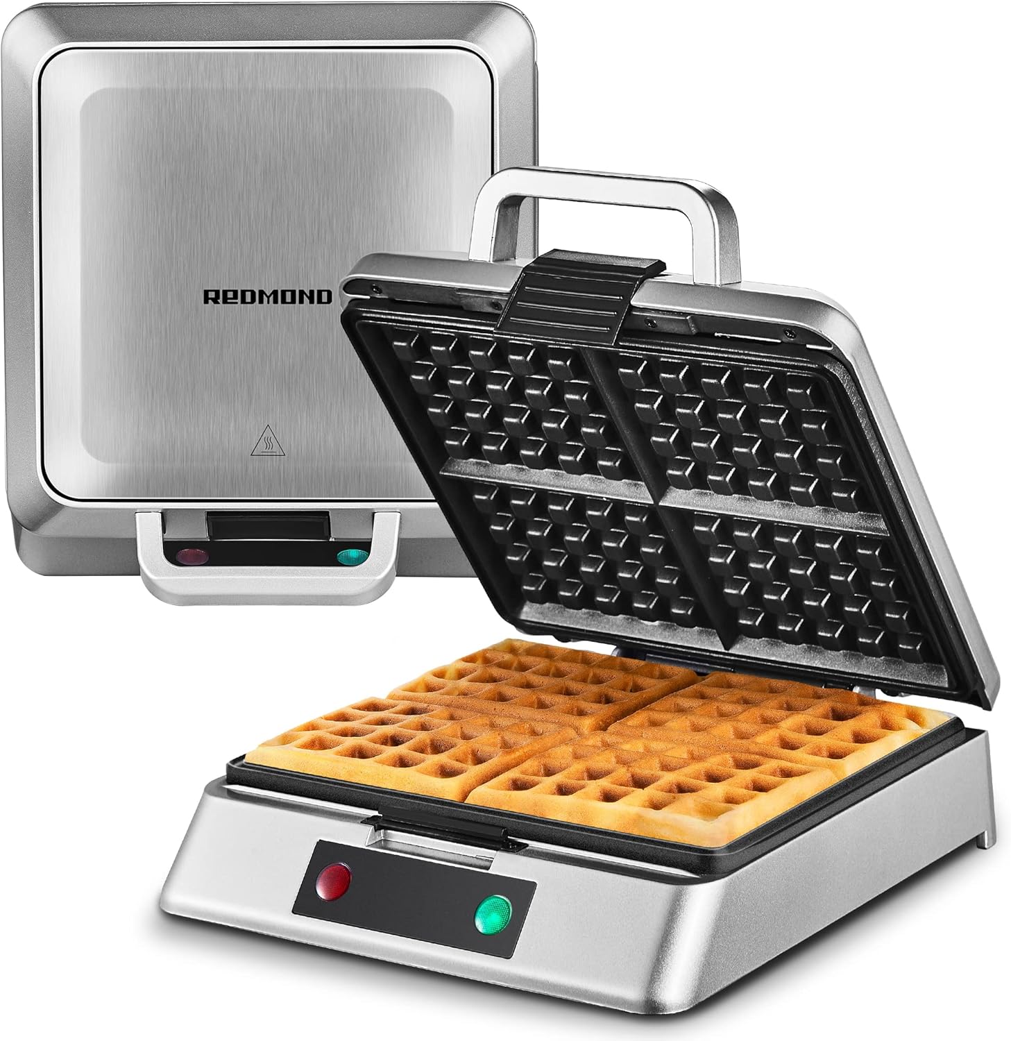 REDMOND Belgian Waffle Maker, Non-Stick 4 Slice Square Waffle Iron Compact 8 inch Stainless Steel Mini Waffle Maker with Anti-Overflow Edge, Temperature Preheat Indicator, 1300W, Black Pack of 2