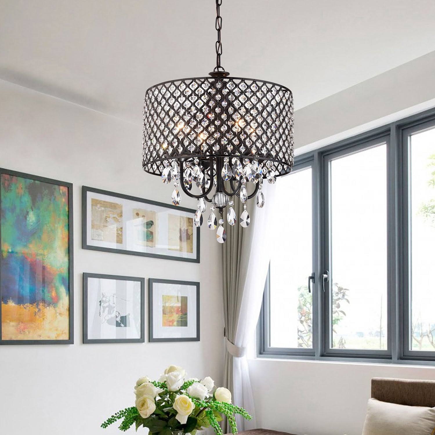 Edvivi Antique Black Round Drum Shade 4-Light Crystal Chandelier Ceiling Fixture