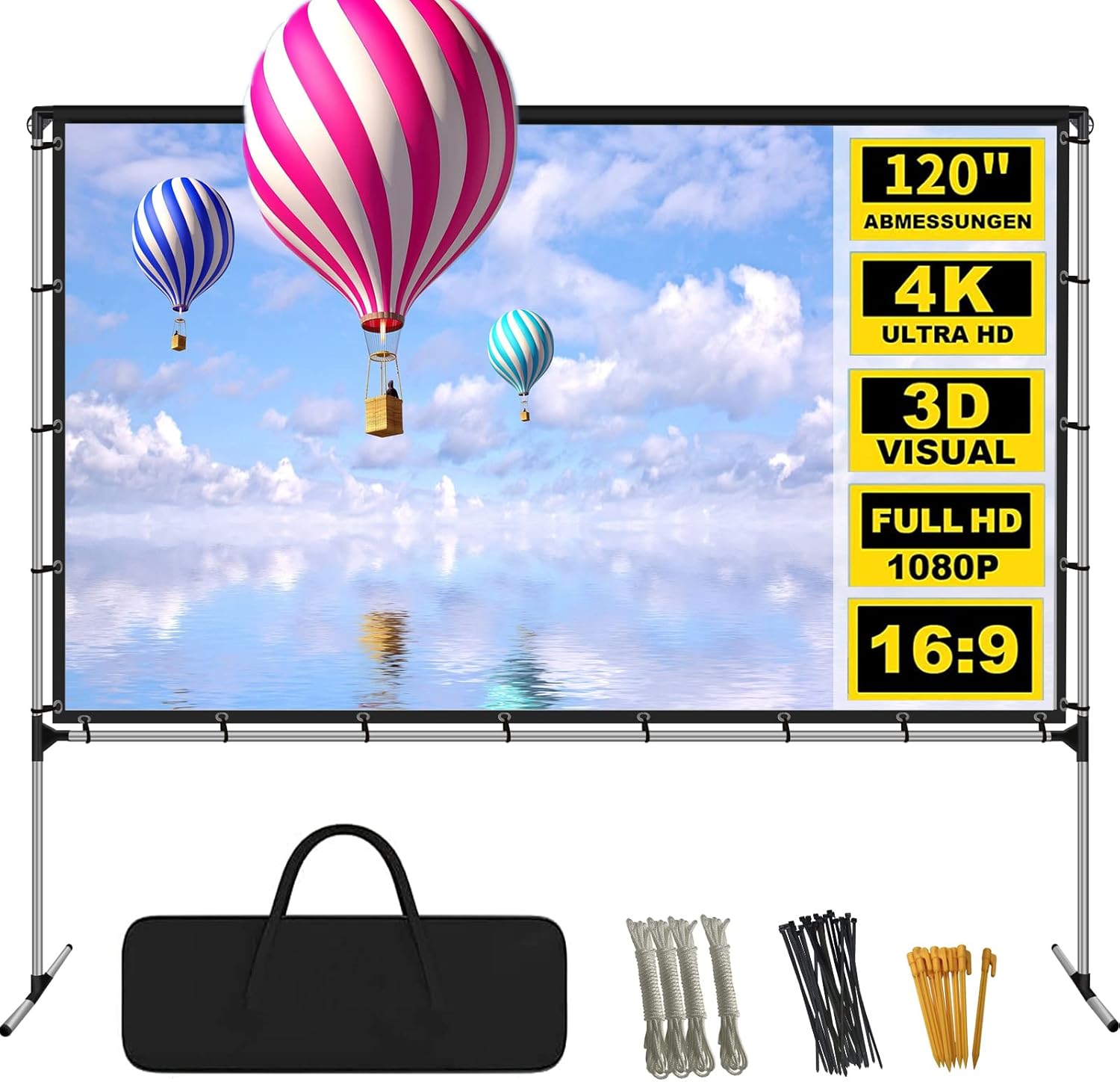 Projector Screen with Stand 120 Inch Foldable Portable Movie Screen 16：9 HD 4K Double Sided Projection Movies Screen with Carry Bag for Indoor Outdoor Home Theater Backyard Cinema Travel