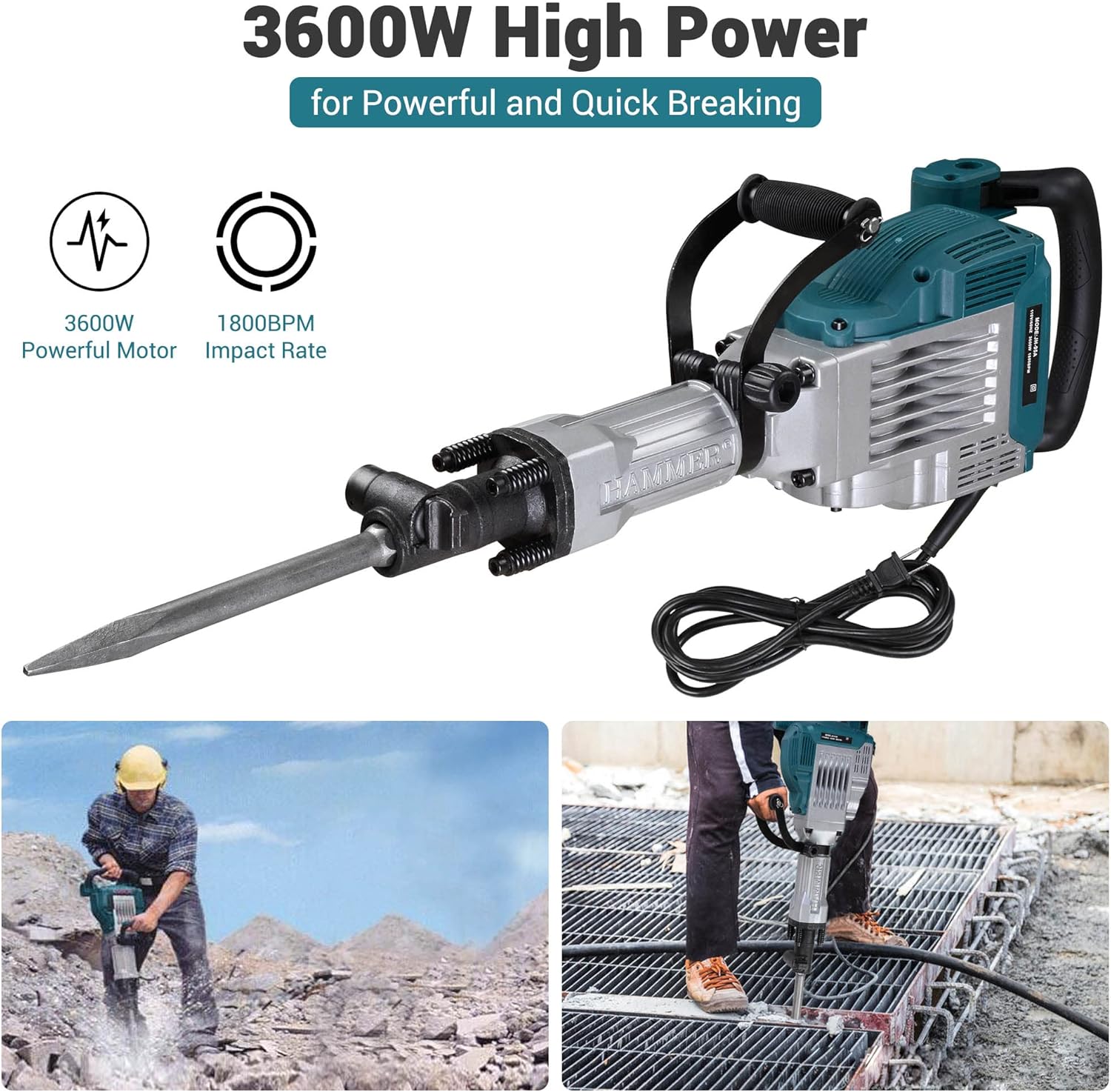 Yescom 3600W Electric Demolition Jack Hammer 1800 BPM Concrete Breaker w/ 2 Chisels