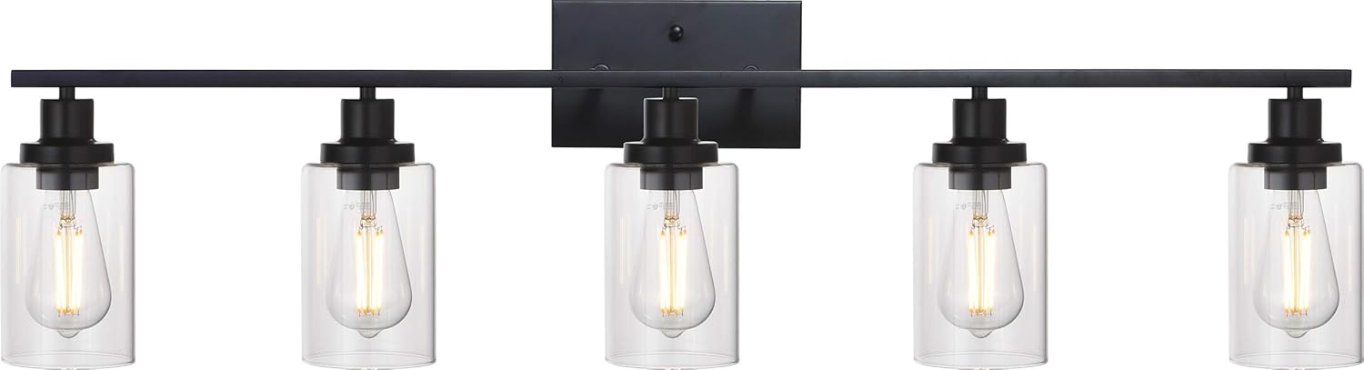 MELUCEE 40 Inches Length 5-Light Bathroom Vanity Light Fixtures Black Industrial Wall Sconce Lighting with Clear Glass Shade for Living Room Bedroom Hallway Kitchen