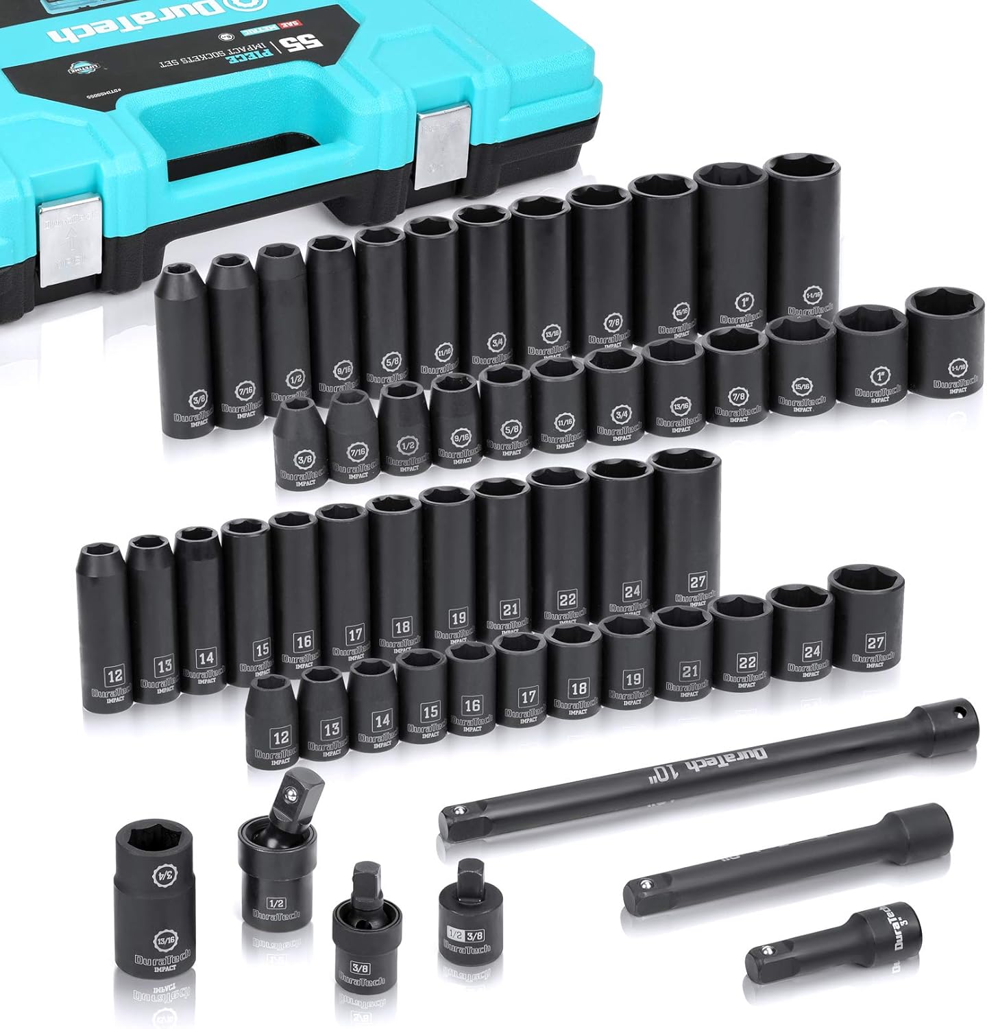 DURATECH 55-Piece Socket Set, 1/2&rsquo;&rsquo; & 6 Point Impact Socket Set, 7 Accessories included, 24 Both Standard Impact Sockets and Deep Impact Sockets in SAE (3/8&rsquo;&rsquo; to 1-1/16&rsquo;&rsquo;) & Metric (12 to 27mm)