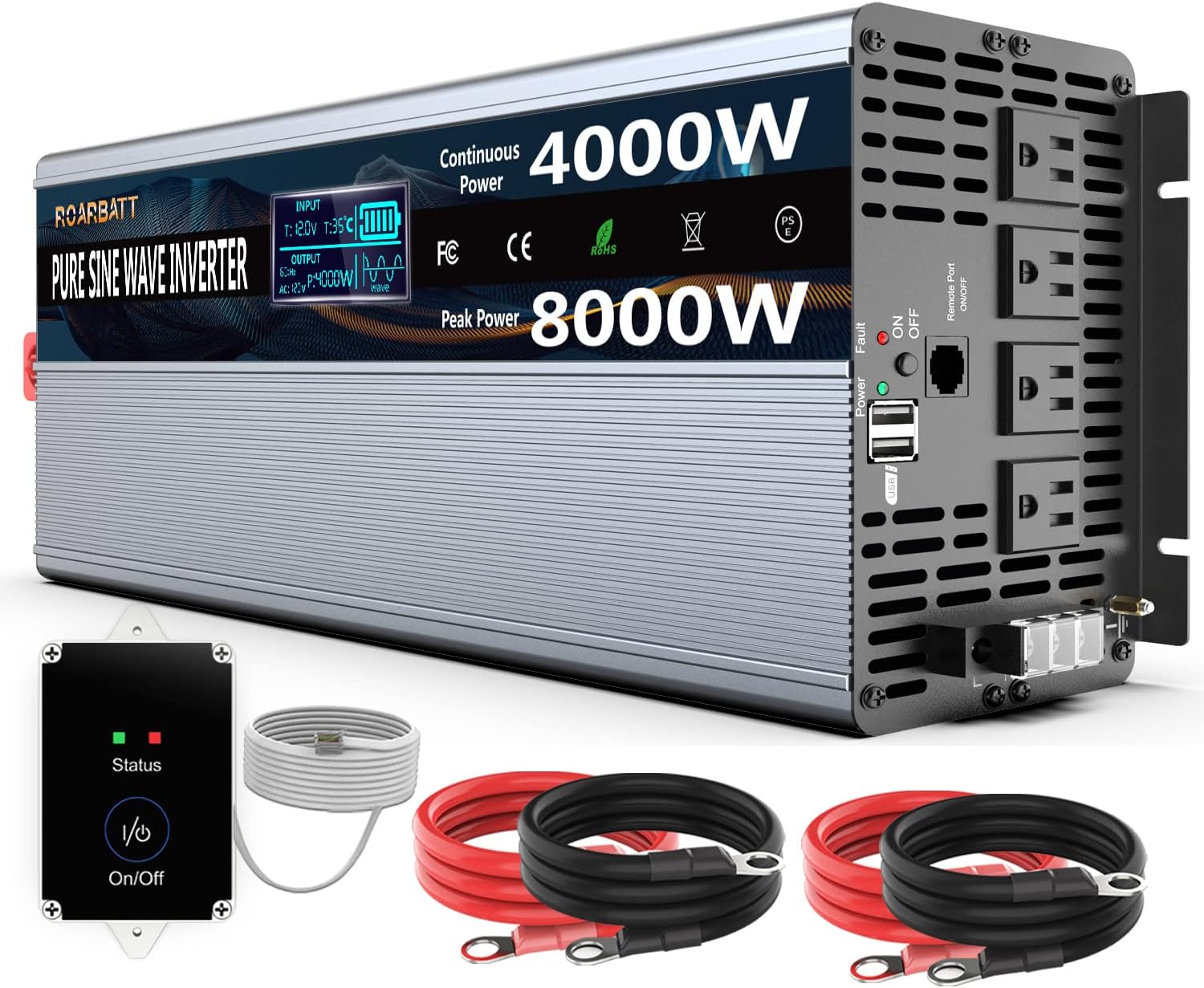 ROARBATT Pure Sine Wave Power Inverter 4000 Watt 12V DC to AC 110V 120V Peak Power 8000 Watt with Remote Control 4 AC Outlets and Dual USB Port for CPAP RV Car Solar System Emergency