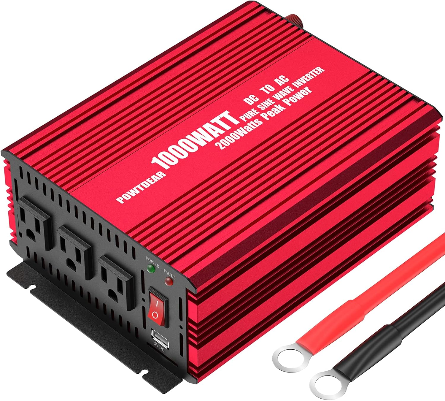 POWTDEAR Pure Sine Wave Power Inverter 1000W, Power Converter 1000 Watt DC 12V to 110V AC Car Inverter with 2.4A USB Ports 3 AC Outlets