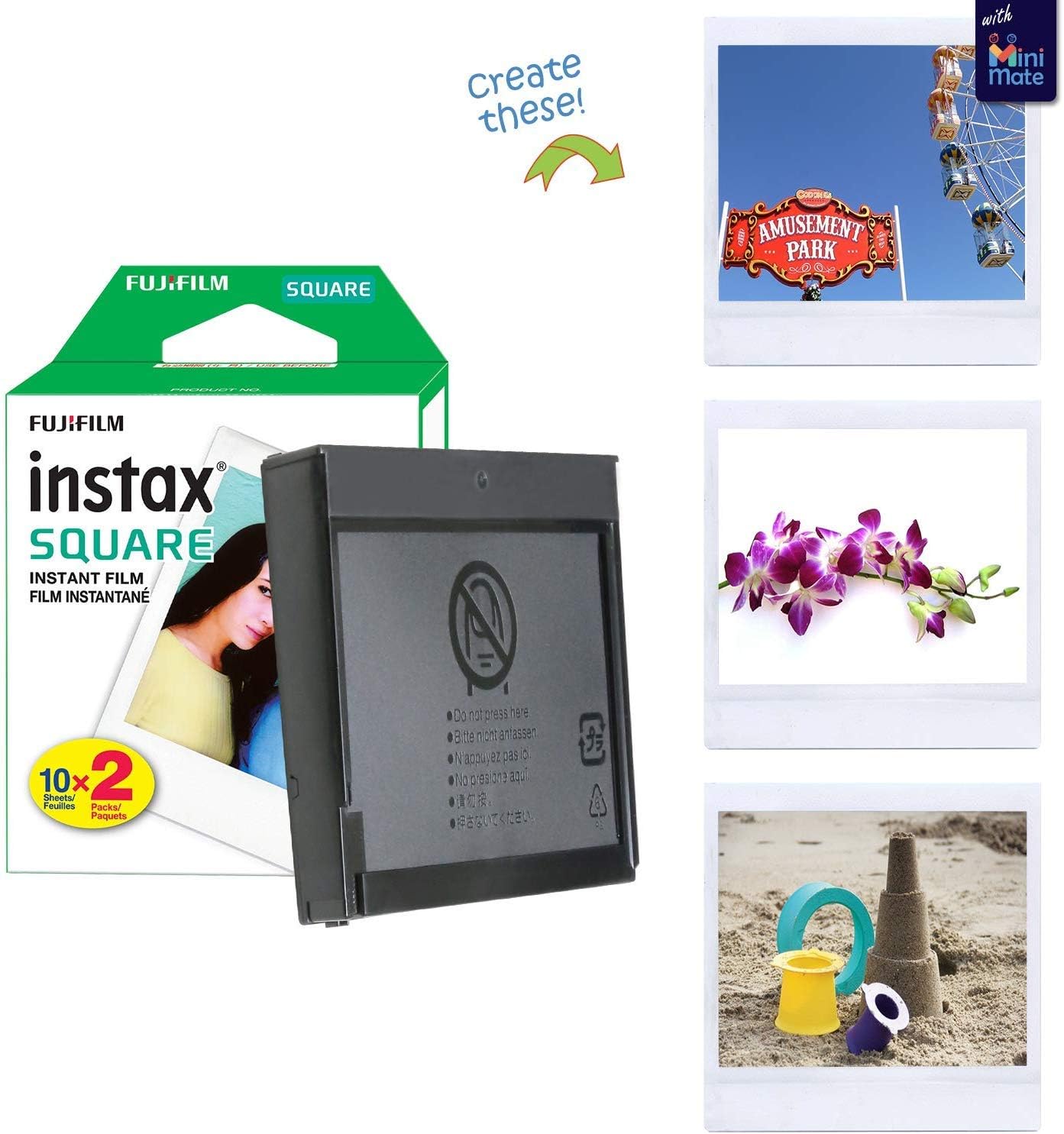 Fujifilm Instax Square Instant Film (3 Pack, 60 Sheets) 5 Plastic Desk Frames + 10 Paper Frames Plus 60 Sticker Frames Pack of 2