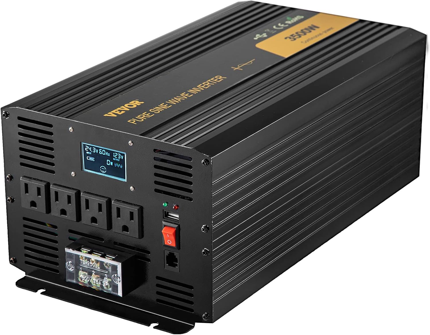 VEVOR Pure Sine Wave Inverter, 3500 Watt Power Inverter, DC 24V to AC 120V Car Inverter, with USB Port, LCD Display, and Remote Controller Power Converter, for RV Truck Car Solar System Travel Camping