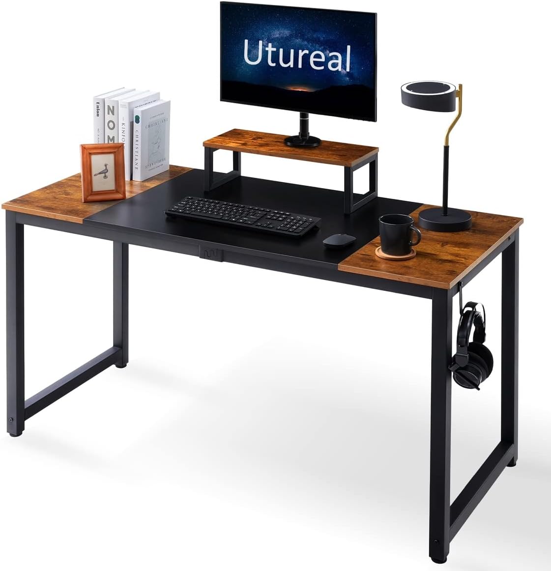 Writing Desk for Home Office, Utureal 55 Inch PC Desk with Monitor Stand, Modern Work Study Desk for Bedrooms, Computer Desk with Printer Space, School Desks for Teens, Computer Table (Black + Rustic)