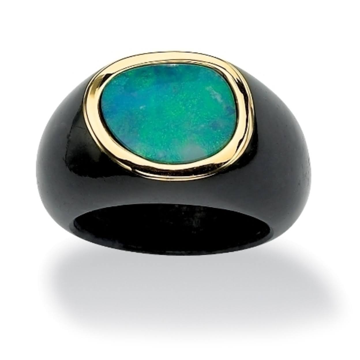 Genuine Blue Opal and Black Jade 10K Yellow Gold Bezel-Set Cabochon Ring