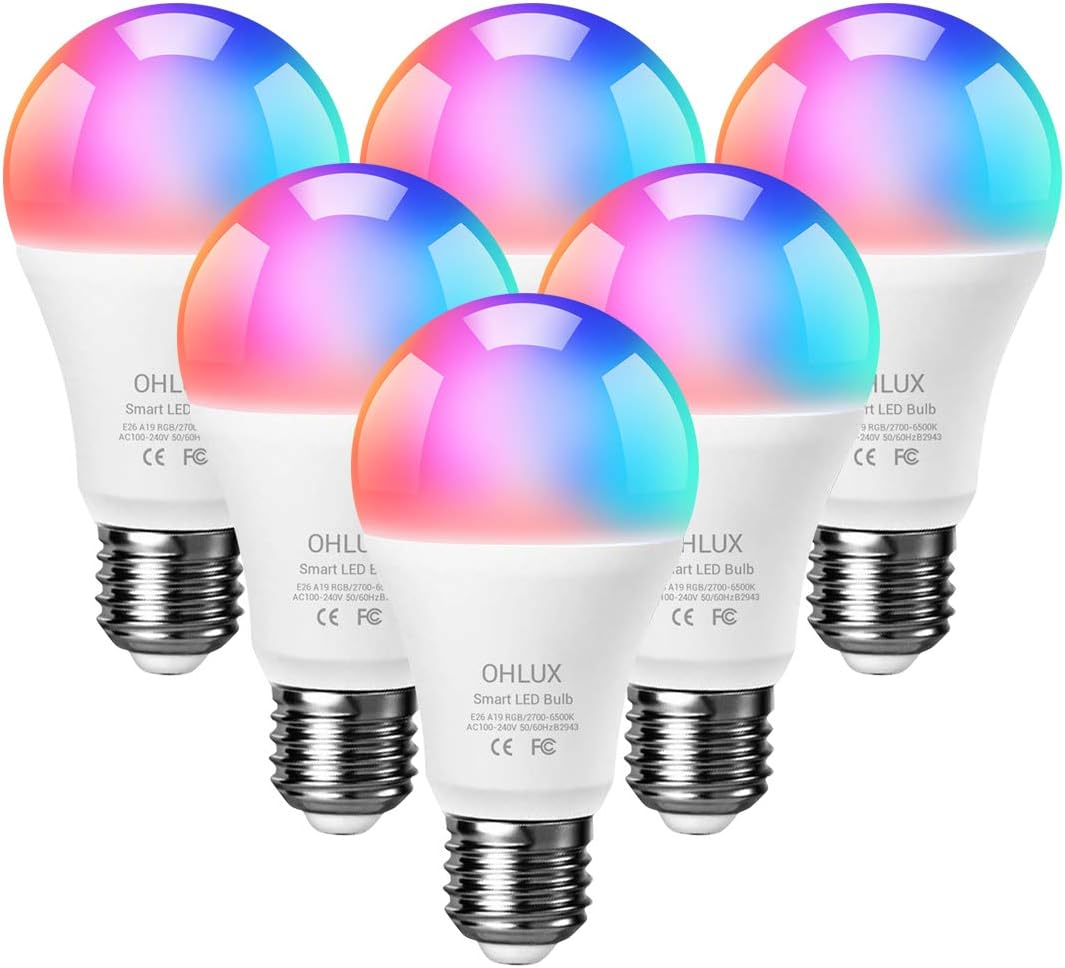 OHLUX Smart WiFi LED Light Bulbs Compatible with Alexa and Google Home (No Hub Required), RGBCW Multi-Color, Warm to Cool White Dimmable, 60W Equivalent, 7W E26 A19 Color Changing Bulb-6PACK Pack of 2