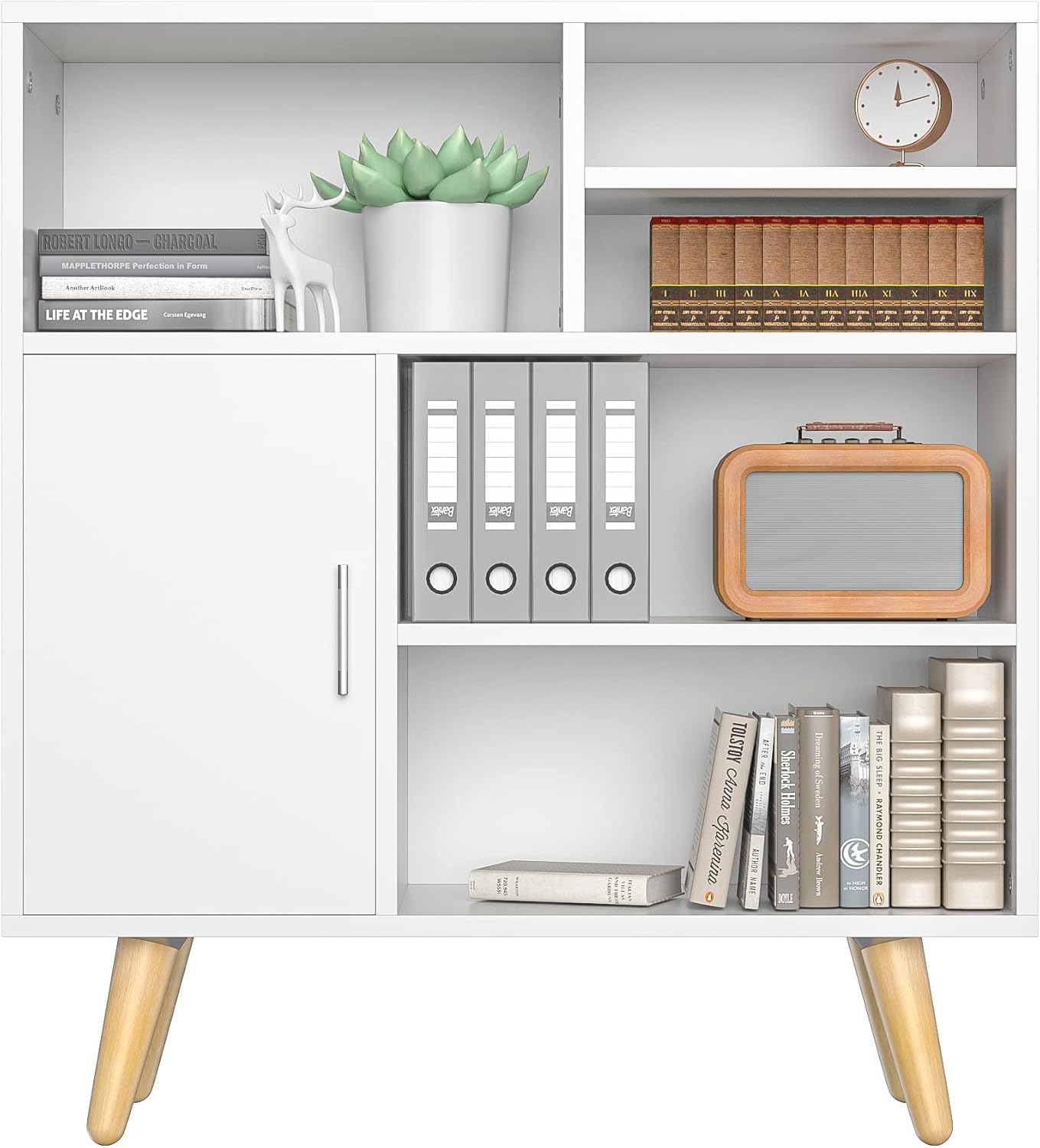 Cozy Castle White Wood Storage Cabinet, Elegent Mordern Accent Kitchen Canbinets with Door and 5 Shelves, Free Standing Buffet Sideboards for Living Room, Bedroom, Kitchen and Office