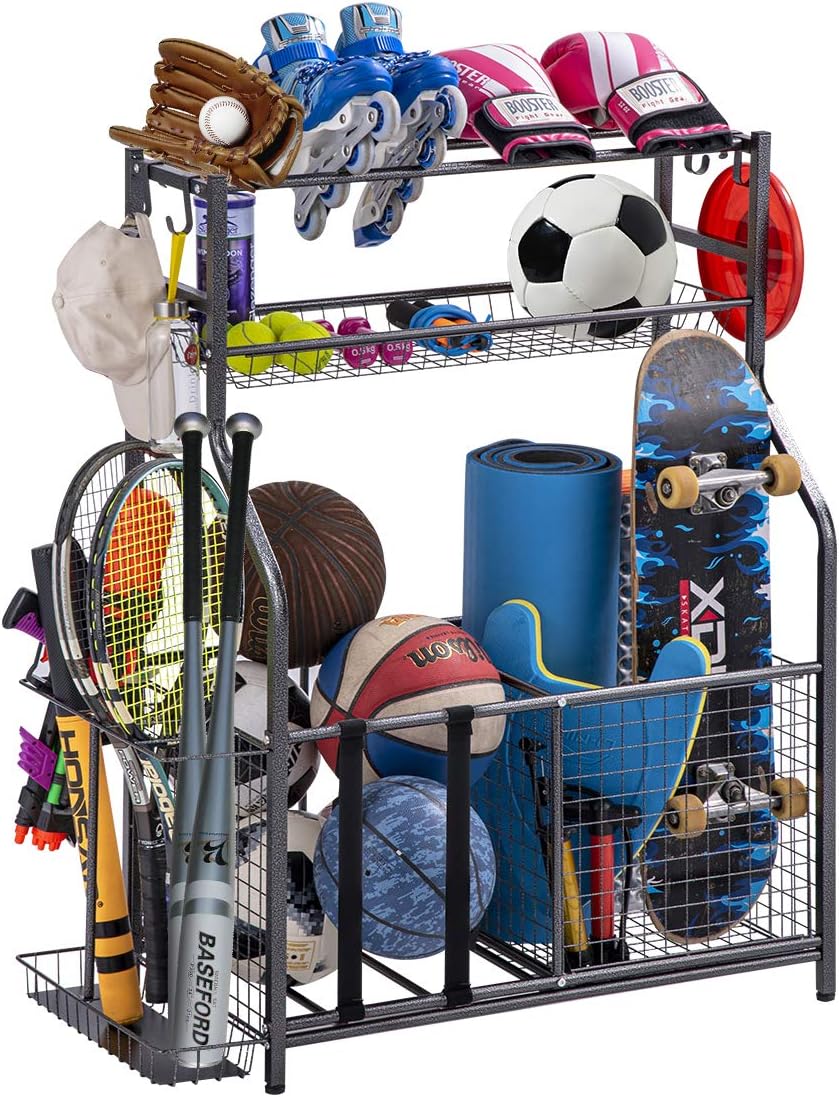 Garage Sports Equipment Storage Organizer with Baskets and Hooks - Easy to Assemble - Sports Ball Gear Rack Holds Basketballs, Baseball Bats, Footballs, Tennis Rackets and More (King)