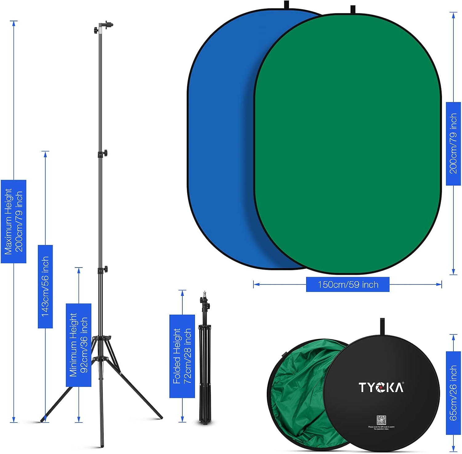 TYCKA 5 x 6.6ft Green Screen Backdrop with Stand, TYCKA Portable Collapsible Chromakey Background 2-in-1 Blue and Green Screen Backdrops Panel Kit for Video, Photography, Gaming and Live Streaming Pack of 2