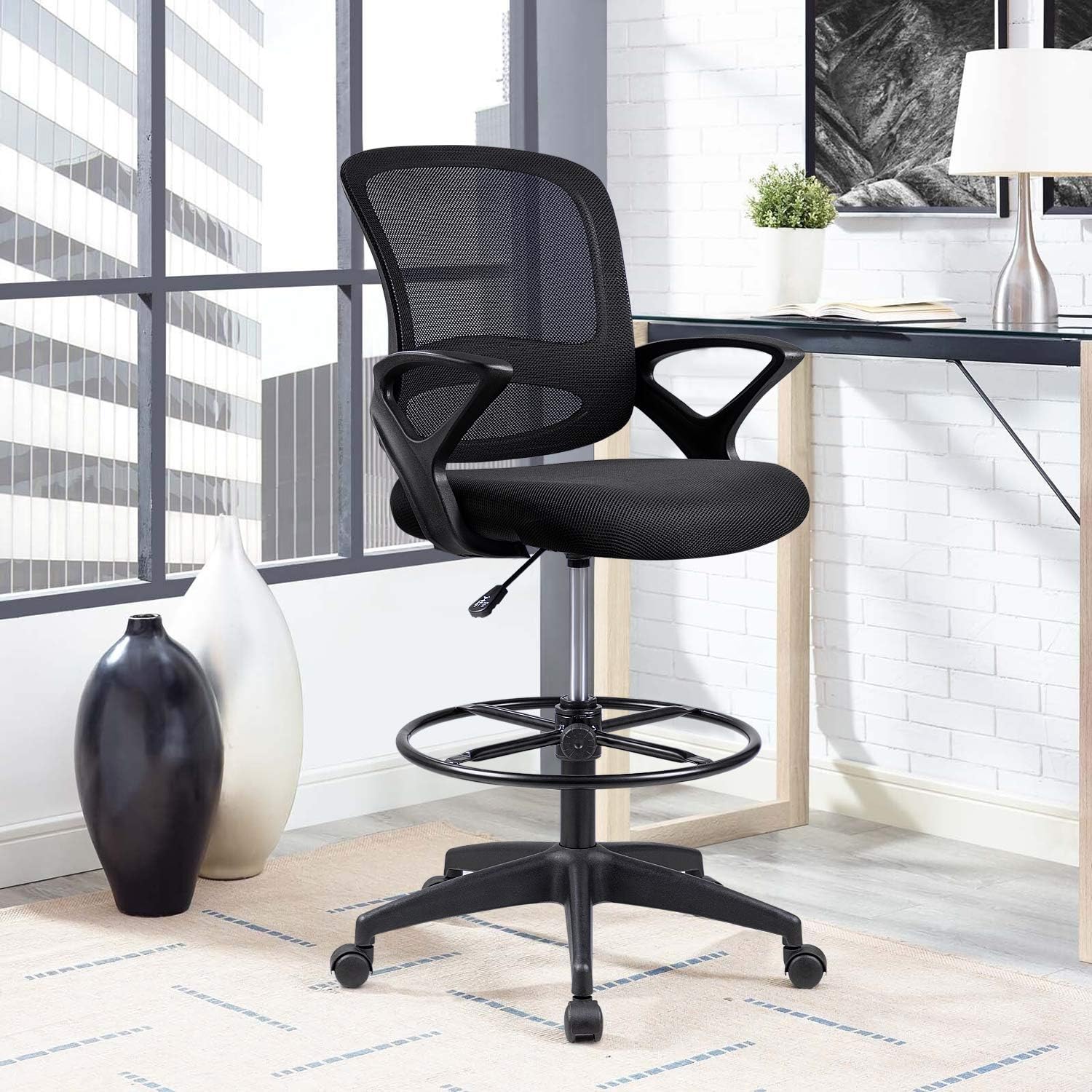 Tuoze Tall Office Chair Drafting Chair Standing Desk Chair Drafting Mesh Table Chair Adjustable Height with Lumbar Support, Armrest Footrest (Black)