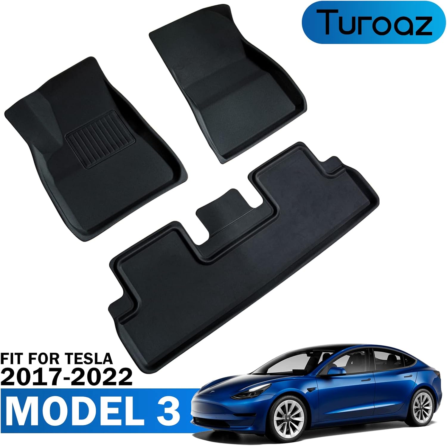 TUROAZ All Weather Floor Mats Compatible with Tesla Model 3 2022 - 2017, Custom Fit 3D Foot Carpet Car Interior Accessories, Anti-Slip Waterproof and Easy to Clean (Black)