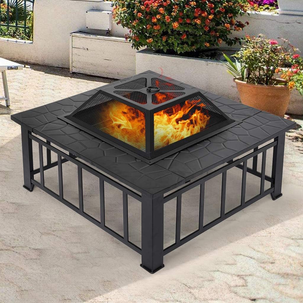 lkoezi Fire Pit Table, 32 in Multifunctional Square Metal Firepit Stove Backyard Patio Garden Fireplace Firepit Backyard Patio Garden Stove Wood Burning Firepit Bonfire with Poker (Black)