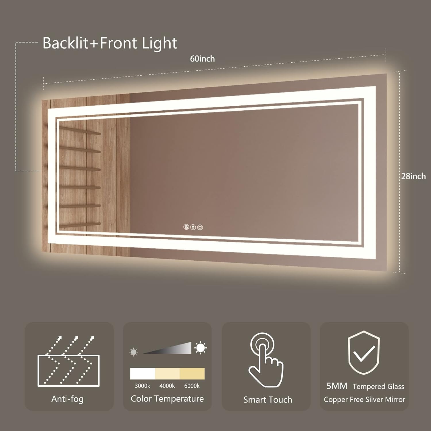 LED Bathroom Mirror,Awandee 60 x 28 Inch Backlit Mirror,Lighted Mirror for Bathroom with Anti-Fog Double Dimmable Lighting (Backlit + Front-Lighted) ETL Listed