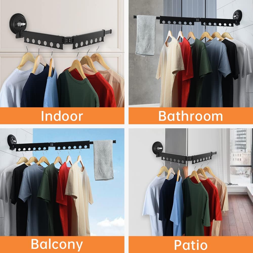 Mbillion Wall Mounted Clothes Drying Rack,Heavy Duty Suction Cups,Space Saver Clothes Hanger Rack with Towel Bar,Strong Load-Bearing,for Balcony,Laundry,Bathroom,Patio and Bedroom&hellip;