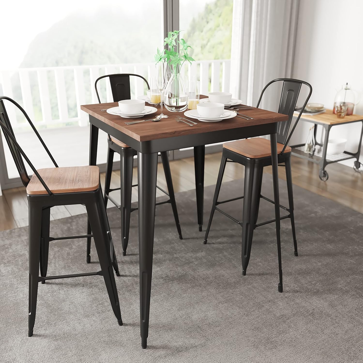 Taylor + Logan 31.5 Inch Square Metal Indoor Table with Walnut Rustic Wood Top, Black