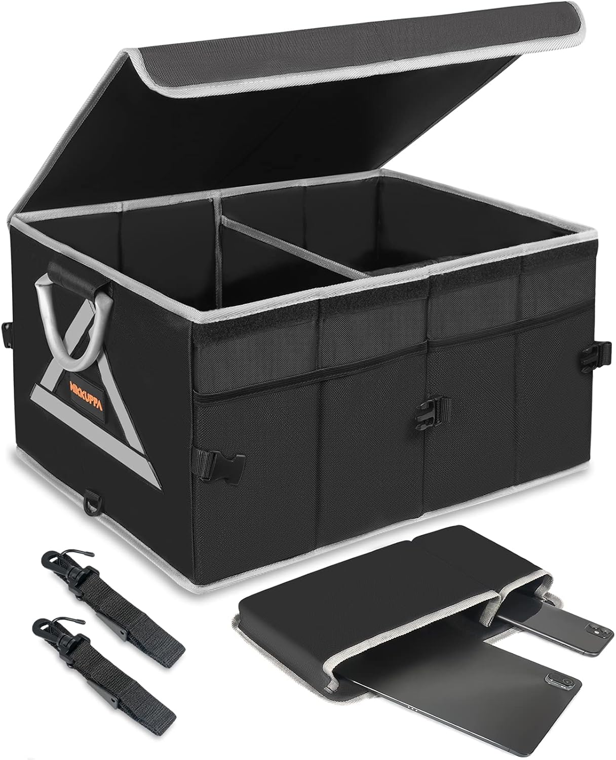 MIKKUPPA Trunk Organizer -1680D Trunk Organizer with Lid & 2 Storage Bags, Car Trunk Organizer for Car SUV Auto Truck Van with Reflective Strip & Aluminum Alloy Handles and Non Slip Bottom (Black)