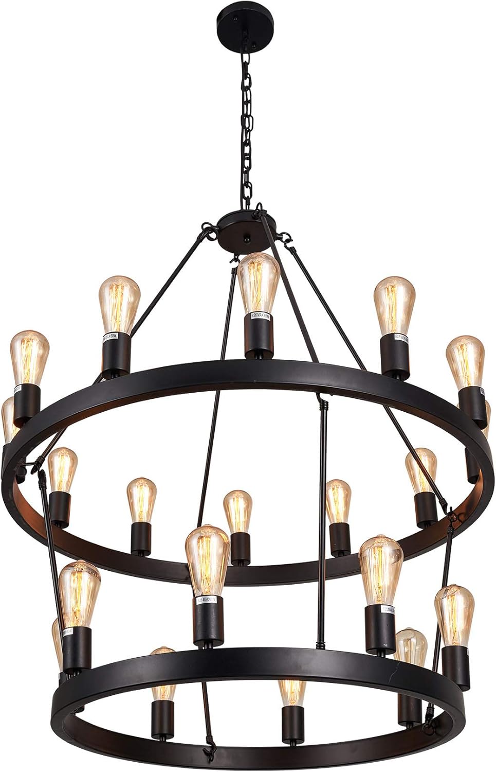 LIANSHUN Rustic Wagon Wheel Farmhouse Island Light, Retro Industrial Pendant Light, Double Round Iron 12+8 Lights Chandelier Light Fixtures for Kitchen, Living Room, Hotel, Villa, Black Finish