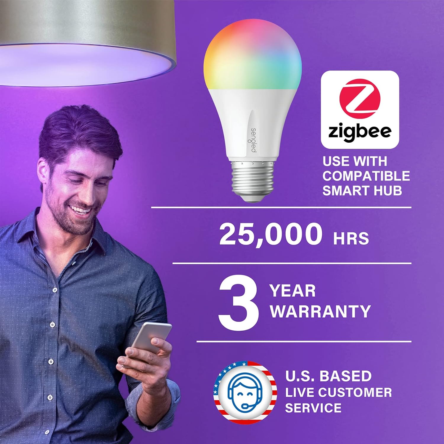 Sengled Alexa Light Bulb, Zigbee Bulb Smart Hub Required, Works with Alexa and SmartThings, Voice Control with Echo Show 10 with built-in Hub, Color Changing 60W Equivalent A19 Smart Light Bulbs, 4PK Pack of 2