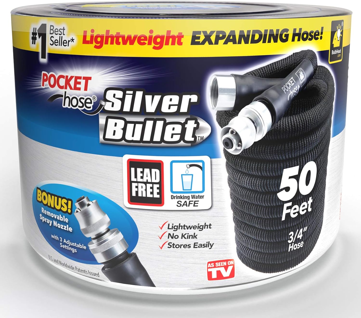 Pocket Hose Original Silver Bullet (50 Ft) Lightweight Water Hose by BulbHead - Expandable Garden Hose That Grows with Lead-Free Connectors - Safe Drinking Water Hose – Kink-Resistant & Stores Easily Pack of 2