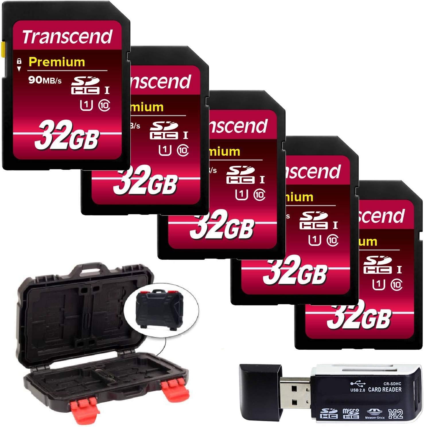 Transcend 32GB Premium Class 10 UHS-I 400X SDHC Flash and Memory Card (5-Pack) +Flash and Memory Card Hard Case + Hi-Speed SD USB Card Pack of 2