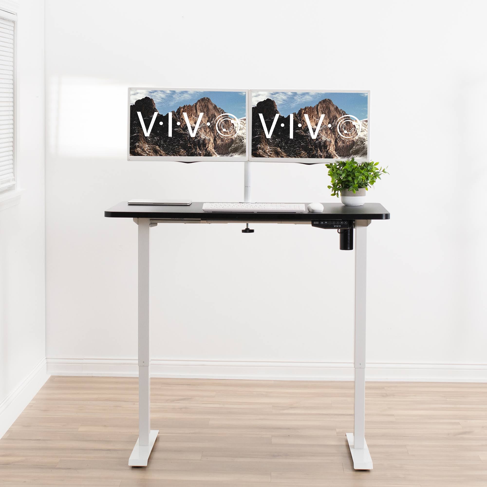 Vivo Electric 48x22 x 30x22 Stand Up Desk / Black Table Top, White Frame