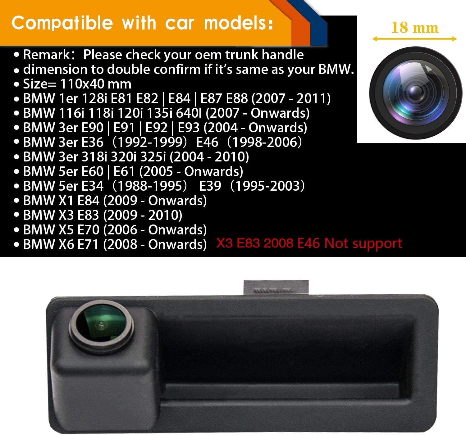 HD 1280x720p Rear Reversing Backup Camera Rearview License Plate Camera Night Vision Ip68 Waterproof Compatible for X5 X1 E39 E53 E82 E88 E84 E90 E91 E92 E93 E60 E61 E70 E71 E72 2002-2011