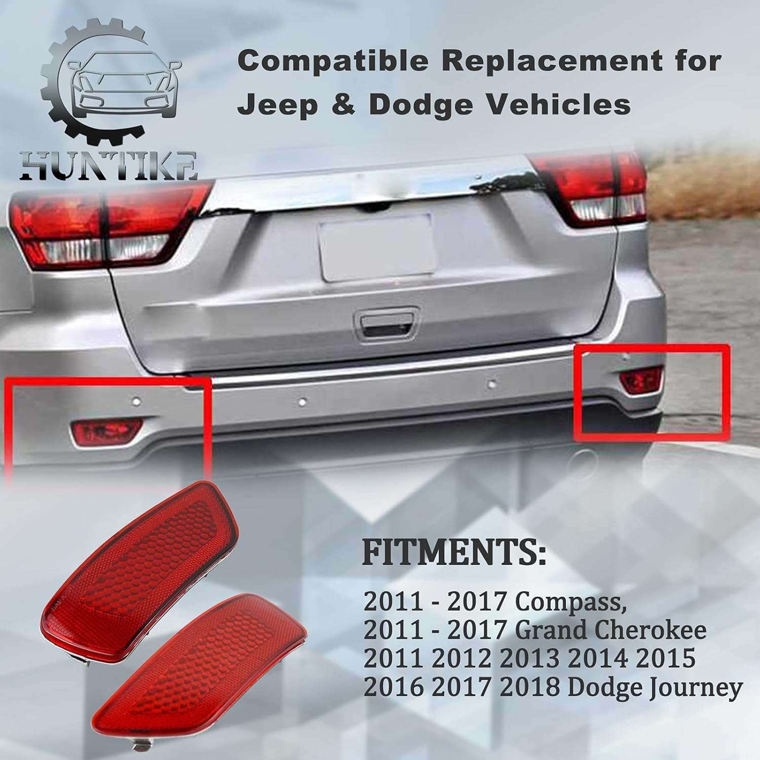 Huntike Pair Set Rear Bumper Reflector Light Left & Right (Red) - Part# 57010720AC 57010721AC - Compatible with Jeep Compass Grand Cherokee 2011-2017 Dodge Journey 2011-2018