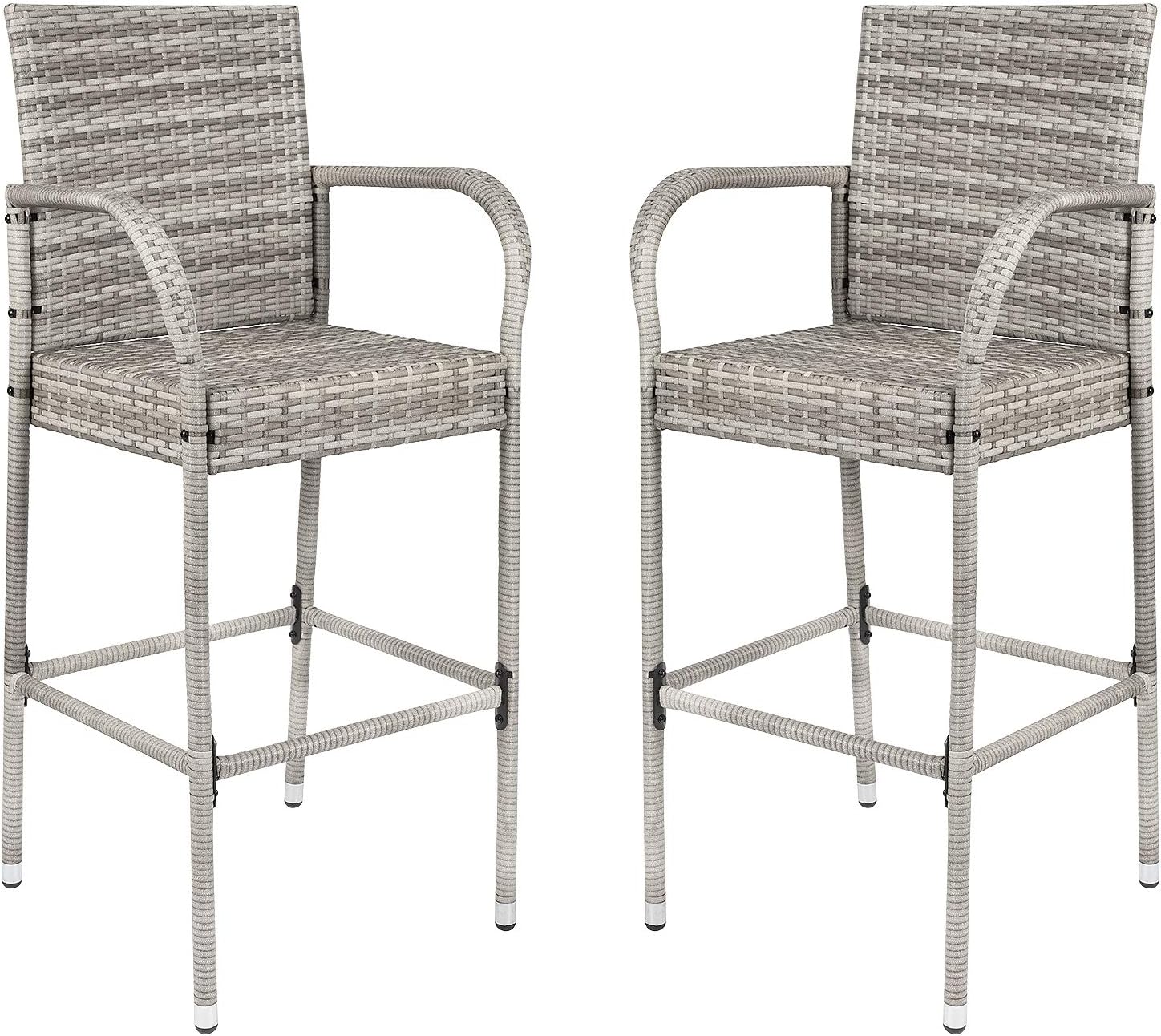 Homall Patio Bar Stools Wicker Barstools Indoor Outdoor Bar Stool Patio Furniture with Footrest and Armrest for Garden Pool Lawn Backyard Set of 2 (Brown)