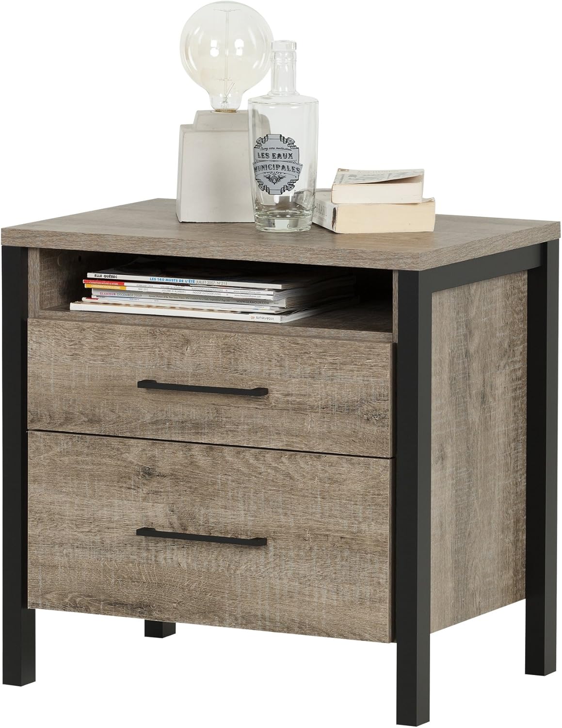 South Shore Munich 2-Drawer Nightstand, Weathered Oak and Matte Black with Metal Handles