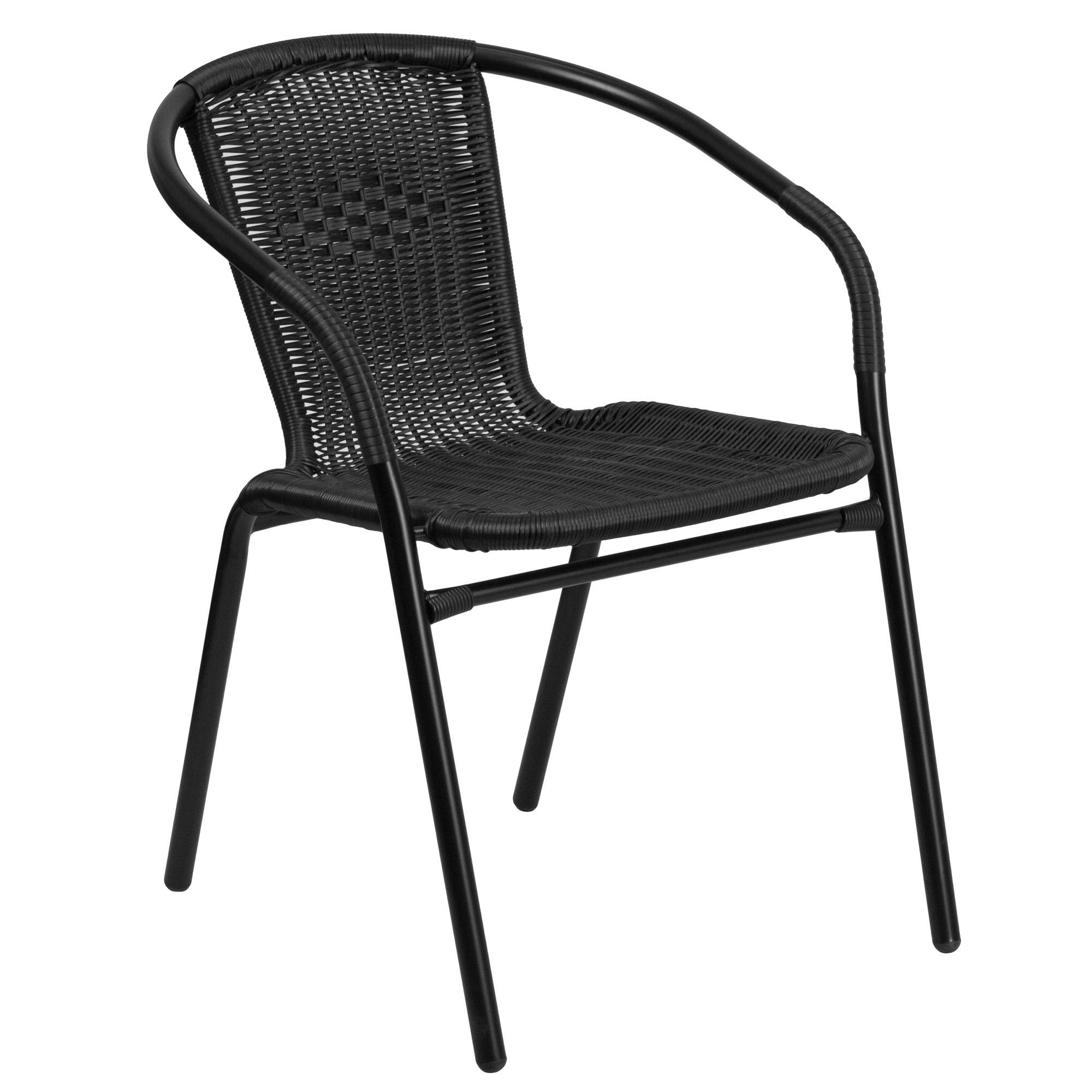 Emma + Oliver 2 Pack Black Rattan Indoor-Outdoor Restaurant Stack Chair with Curved Back