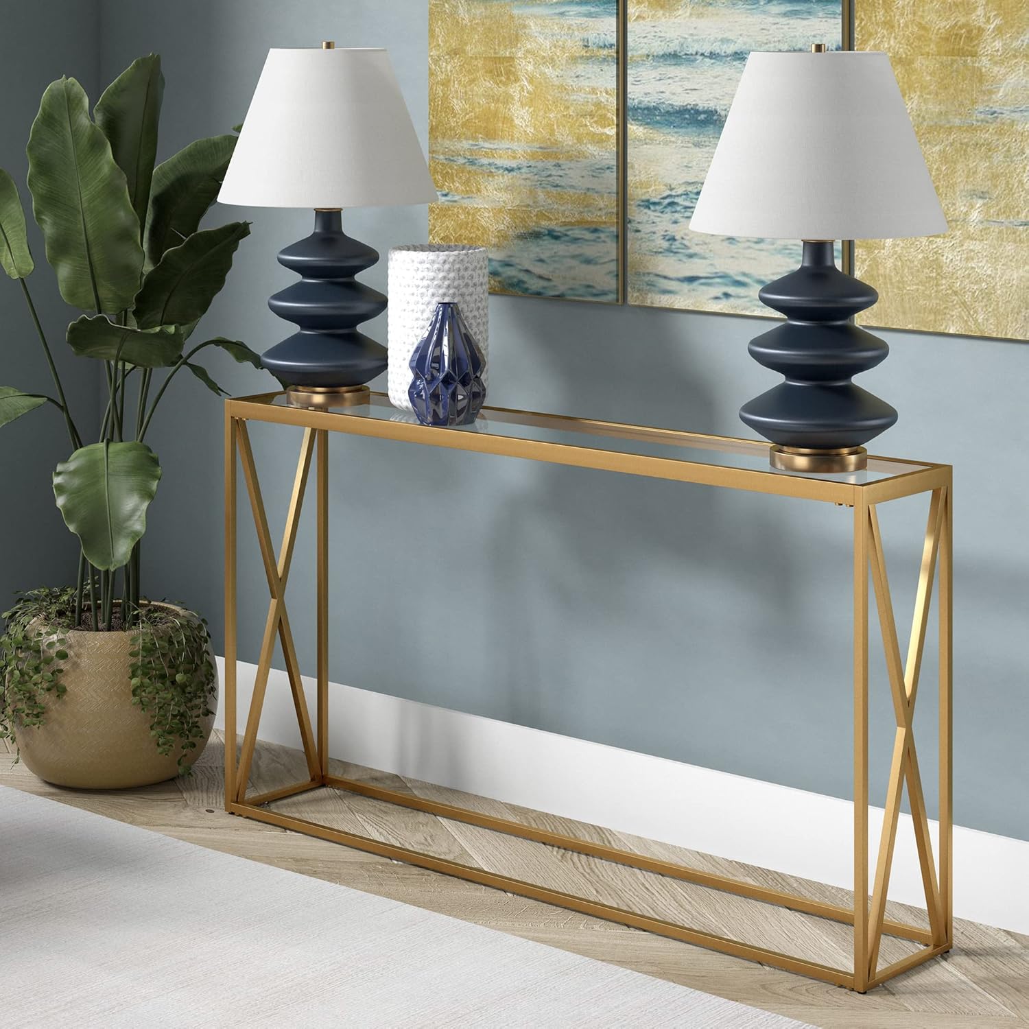 Henn&Hart Modern Console Table with Glass Top and Shelf in Blackened Bronze