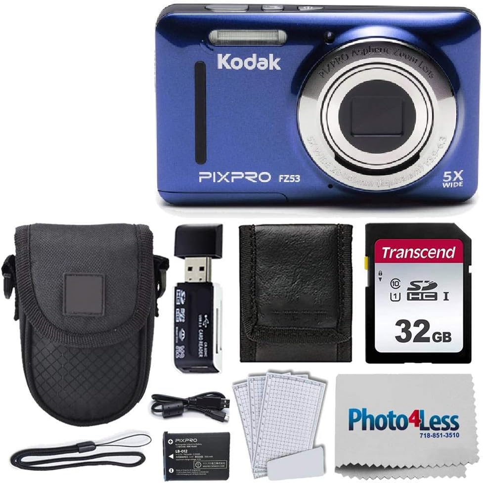 Kodak PIXPRO FZ53 16.15MP Digital Camera (Blue) + Black Point & Shoot Case + Transcend 32GB UHS-I U1 SD Memory Card & More!
