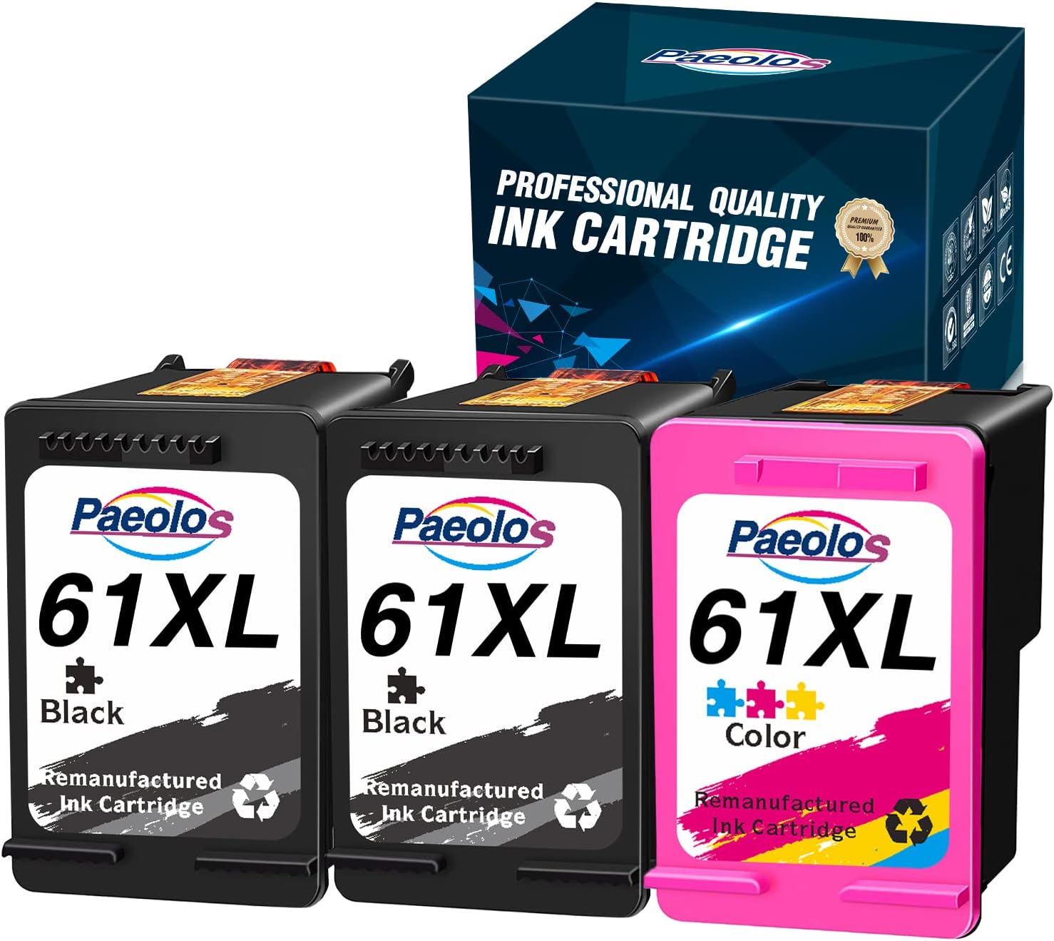 Paeolos Remanufactured Ink Cartridge Replacement for HP 61XL 61 XL Work with Envy 4500 5530 5534 5535 Deskjet 1056 1000 1010 1510 1512 1055 Officejet 2620 4630 Printers,3Pack(2 Black,1 Tri-Color) Pack of 2