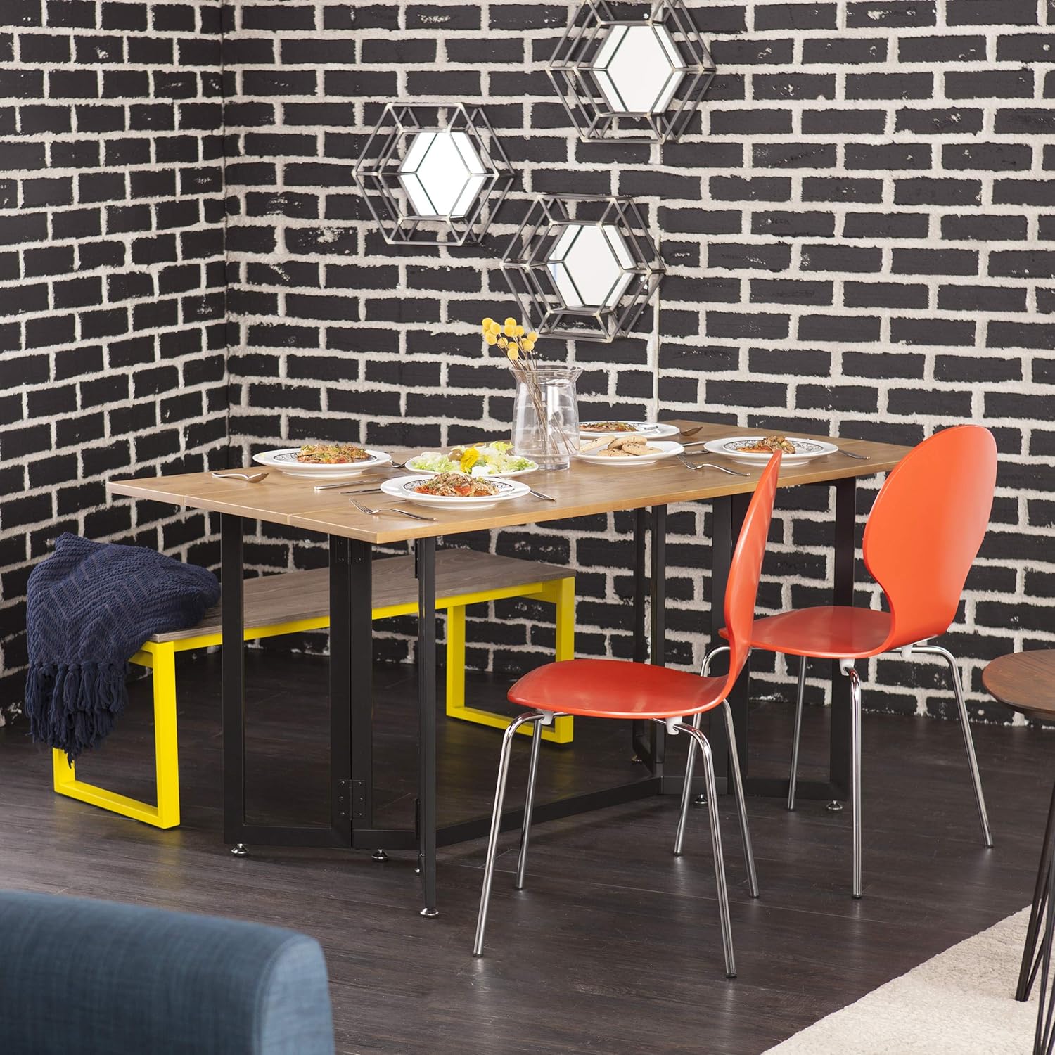 SEI Furniture Driness Drop Leaf Console to Dining Convertible Table, 63 W x 31 5 L x 29 5 H, Weathered Oak, Black