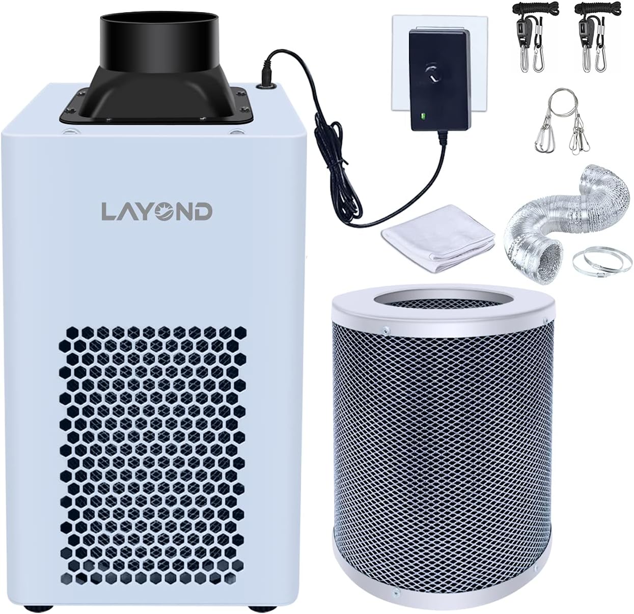 LAYOND 4” Carbon Filter Grow Tent Ventilation System, 200CFM Super Quiet Inline Fan Kit, Bigger Capacity Full Charcoal Filter, Variable Speed Controller, 10ft Ducting and 5ft Power Cord Adaptor