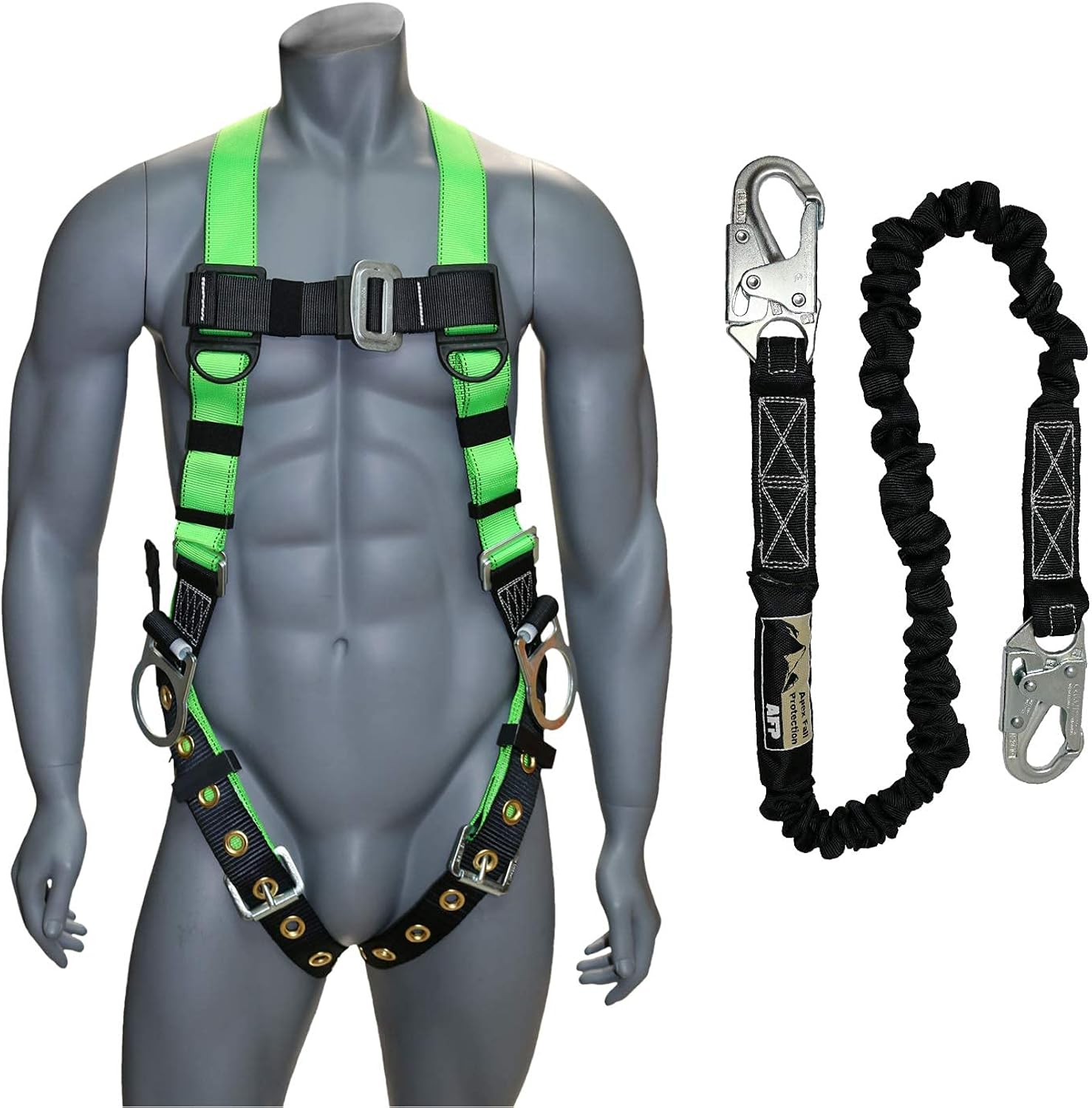 AFP Universal Full-Body Fall Protection Safety Harness w/ 3 D-Rings and Tongue Buckle Legs, 6FT Shock Absorbing Lanyard | PPE (OSHA/ANSI Rated) (1 Pack, Harness + Single Leg Lanyard w/Snap Hooks)