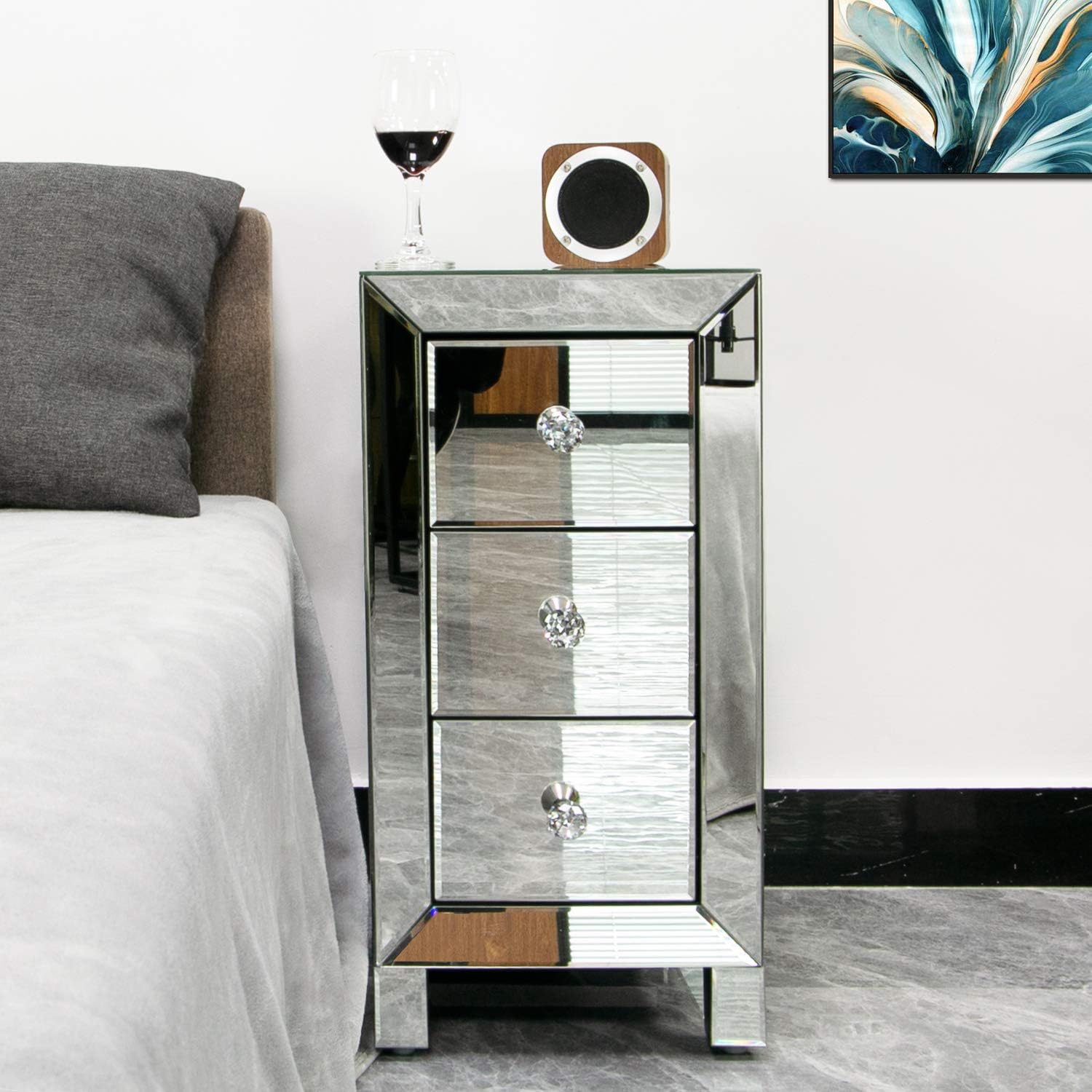 Mirrored Nightstand, Mirrored End Table with 3-Drawer and Crystal Style Knobs, Modern Deluxe Mirrored Bedside Table for Bedroom, Living Room, Small Place, Silver, 11.81